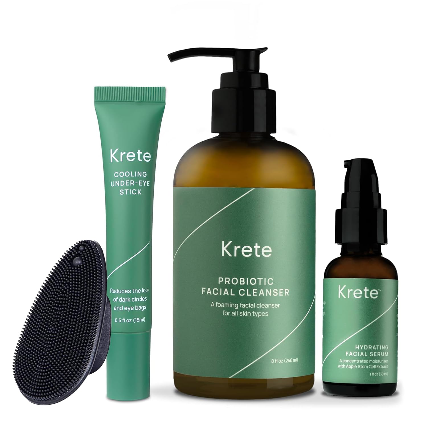 KRETE Men's Skincare System: Cooling Under-Eye Stick, Probiotic Facial Cleanser & Hydrating Serum - Vegan & Cruelty-Free Skincare Routine for Men - 30-Second Skincare Solution with Facial Silicone Scrubber - Perfect for Morning & Night Routine, Travel & On-the-Go Use