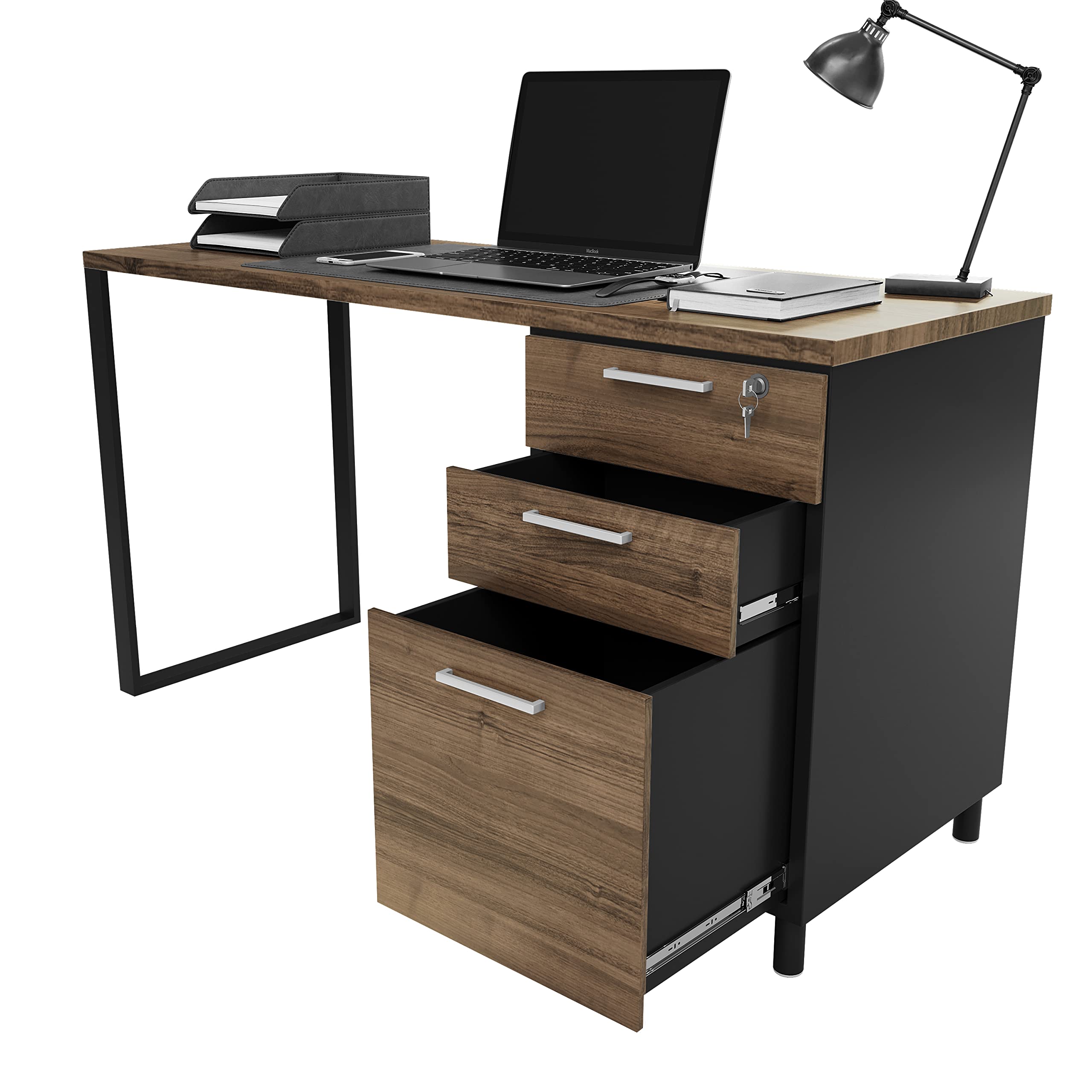 Modern Milano Home Office Desk 47 Inch - Walnut & Black Computer Desk with Drawers & Storage - Detachable Lockable Cabinet - Wooden Writing Table for Study, Work from Home & Small Spaces