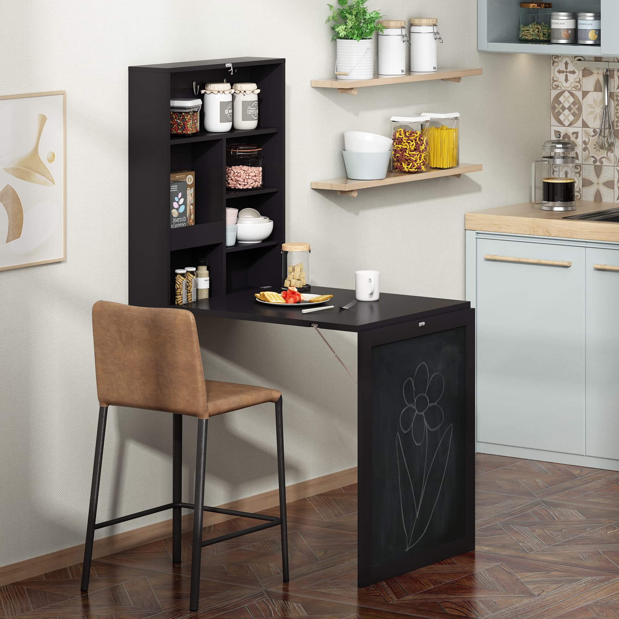 JAXPETY Wall Mounted Foldable Desk with Storage Shelf & Chalkboard - Space Saving Home Office Desk for Computer, Laptop, Writing - Perfect for Small Rooms, Apartments & Dorm Rooms