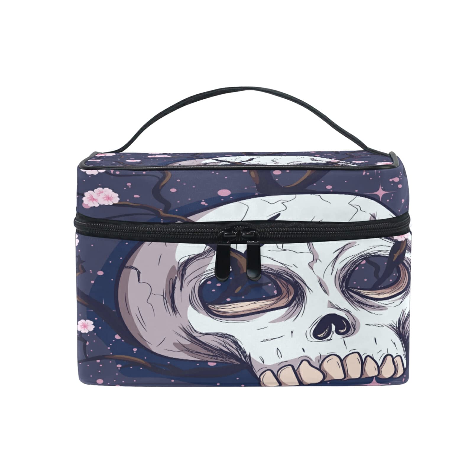 Pink Cherry Blossom Skull Cosmetic Bag - Large Makeup Organizer with Handle for Travel & Daily Use