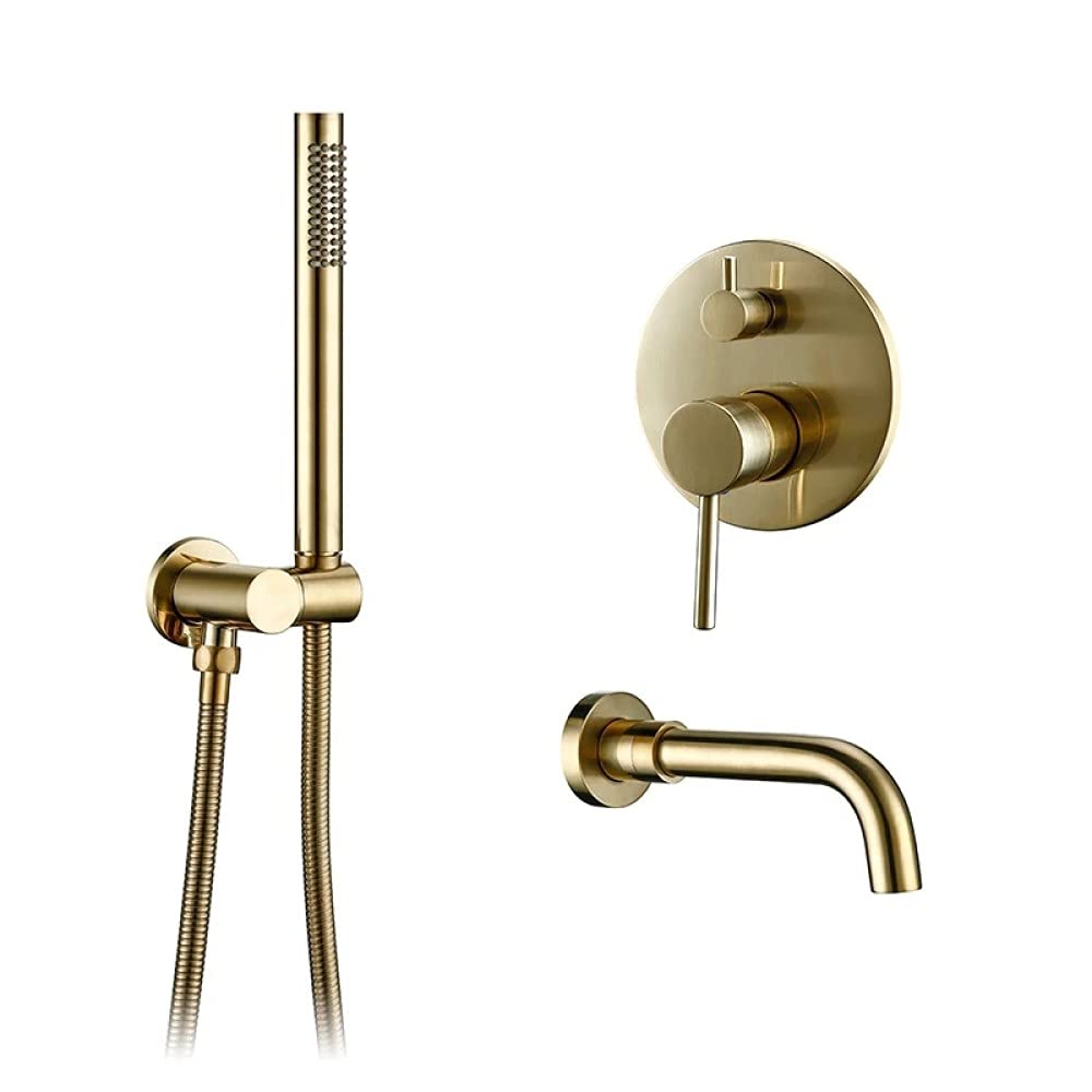 Premium Solid Brass Gold Shower System - Wall Mount Mixer Faucet with Swivel Spout & Diverter - Bathroom Shower Arm Combo Set for Modern Homes (Ideal for Spa-Like Experience & Luxury Bathroom Upgrades)