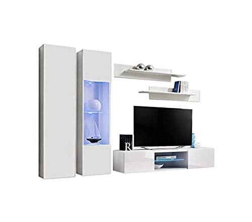 Fly A5 33 Inch Wall Mount TV Stand - Modern White Entertainment Center with Storage Shelves & LED Lights for Bedroom & Living Room - Space-Saving TV Console for Small Apartments & Home Theaters