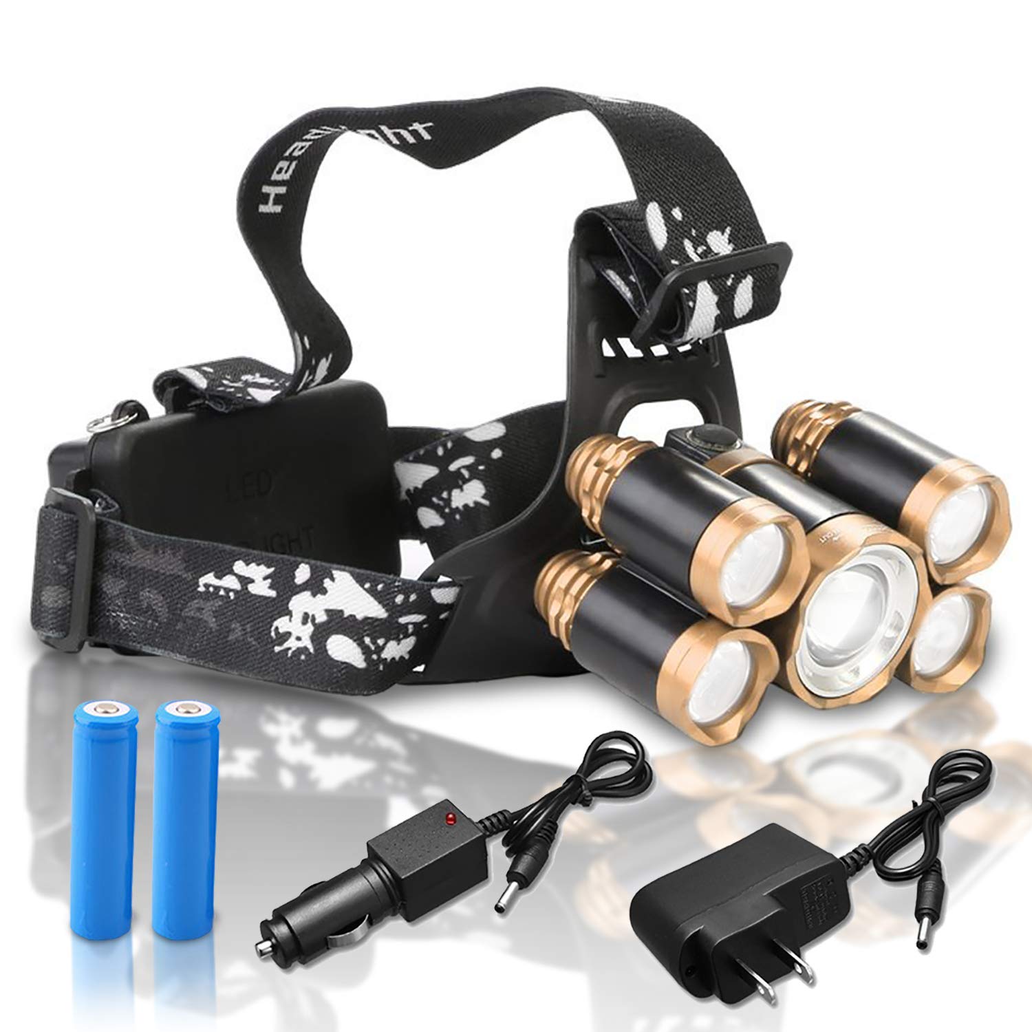 30000 Lumen Rechargeable LED Headlamp Flashlight - MOCCO 5-LED Super Bright Waterproof Headlight with Battery, Charger & Car Charger for Camping, Hiking, Fishing, Night Work & Outdoor Activities (Gold)