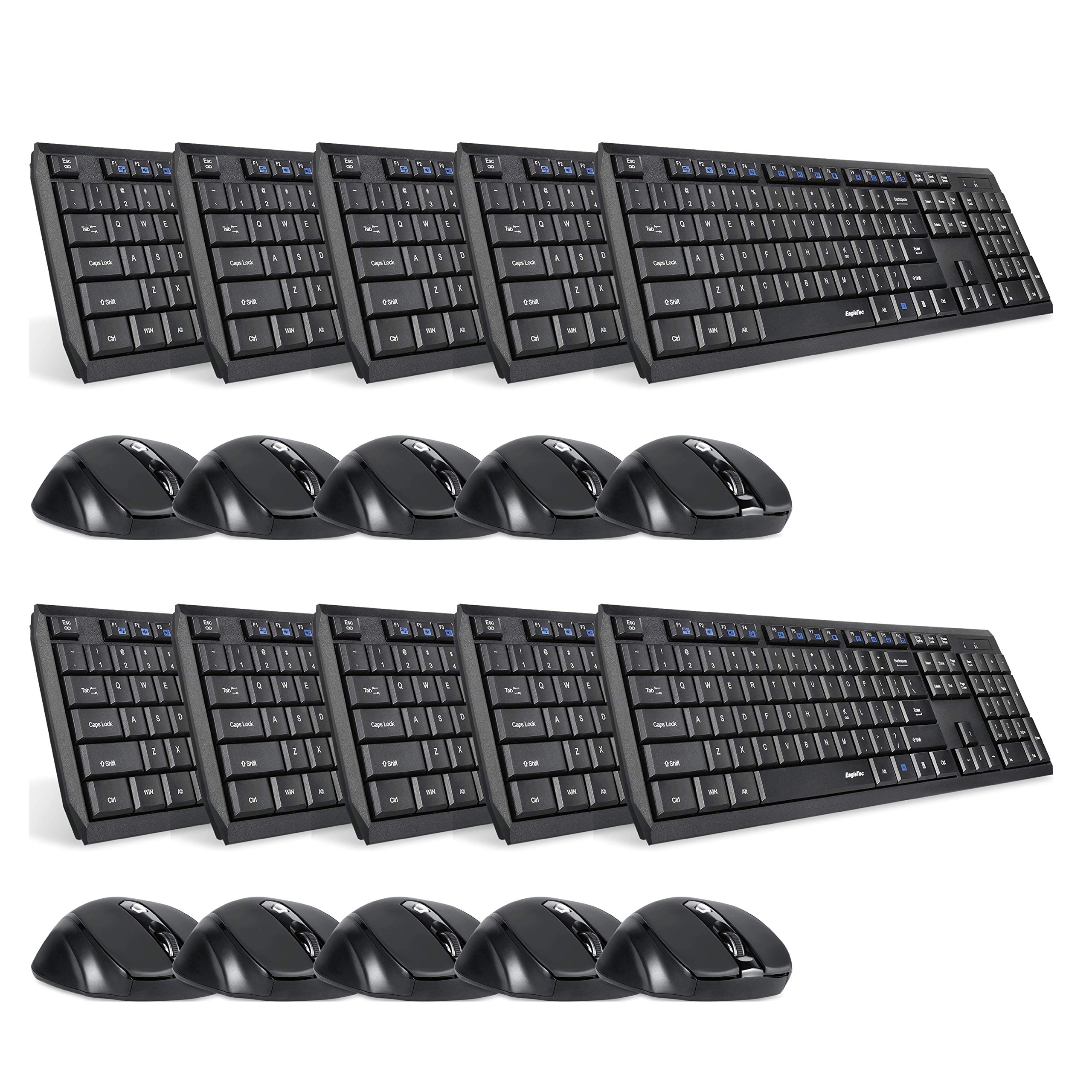 Eagletec K104 Wireless Keyboard and Mouse Combo - Slim, Quiet Ergonomic Full Size 104-Key Keyboard & Portable Mouse for Windows PC (10-Pack, Black) - Perfect for Office, Home & Gaming Use
