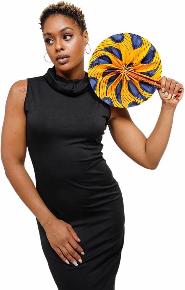 Dupsie's Khanita Foldable African Print Ankara Fan - Orange & Blue Peacock Pattern (DPPF3816) | Handheld Cooling Fan for Outdoor Events, Weddings & Cultural Celebrations