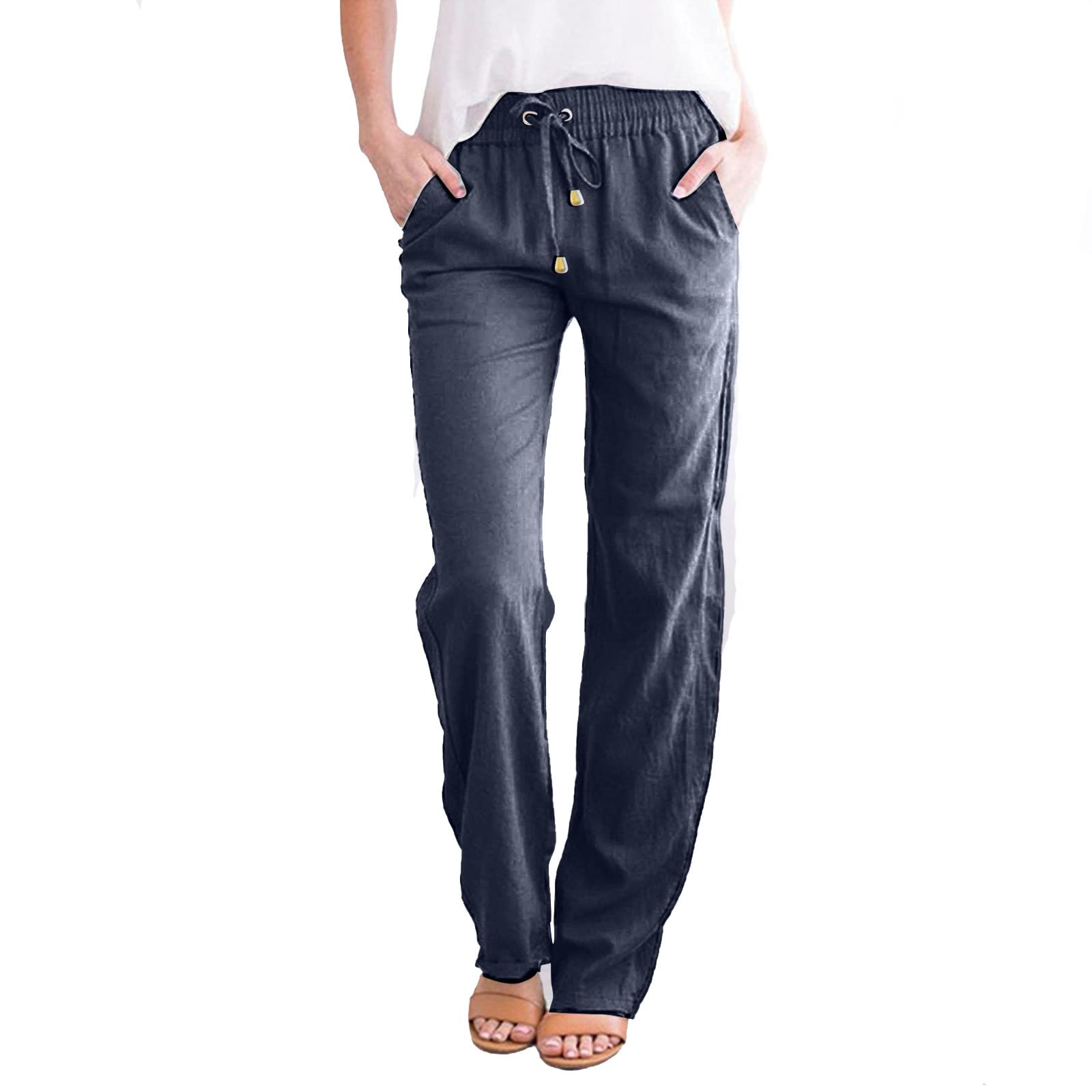 Women's Summer Casual Palazzo Pants - Capri Length Straight Leg Regular Fit Navy Blue Cotton Polyester Blend - Size S - Perfect for Beach, Vacation & Lounge Wear
