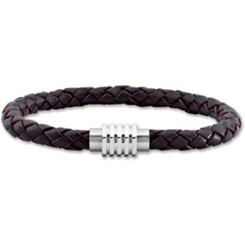 Stainless Steel & Dark Brown Braided Leather Bracelet for Women - Elegant Adjustable 9