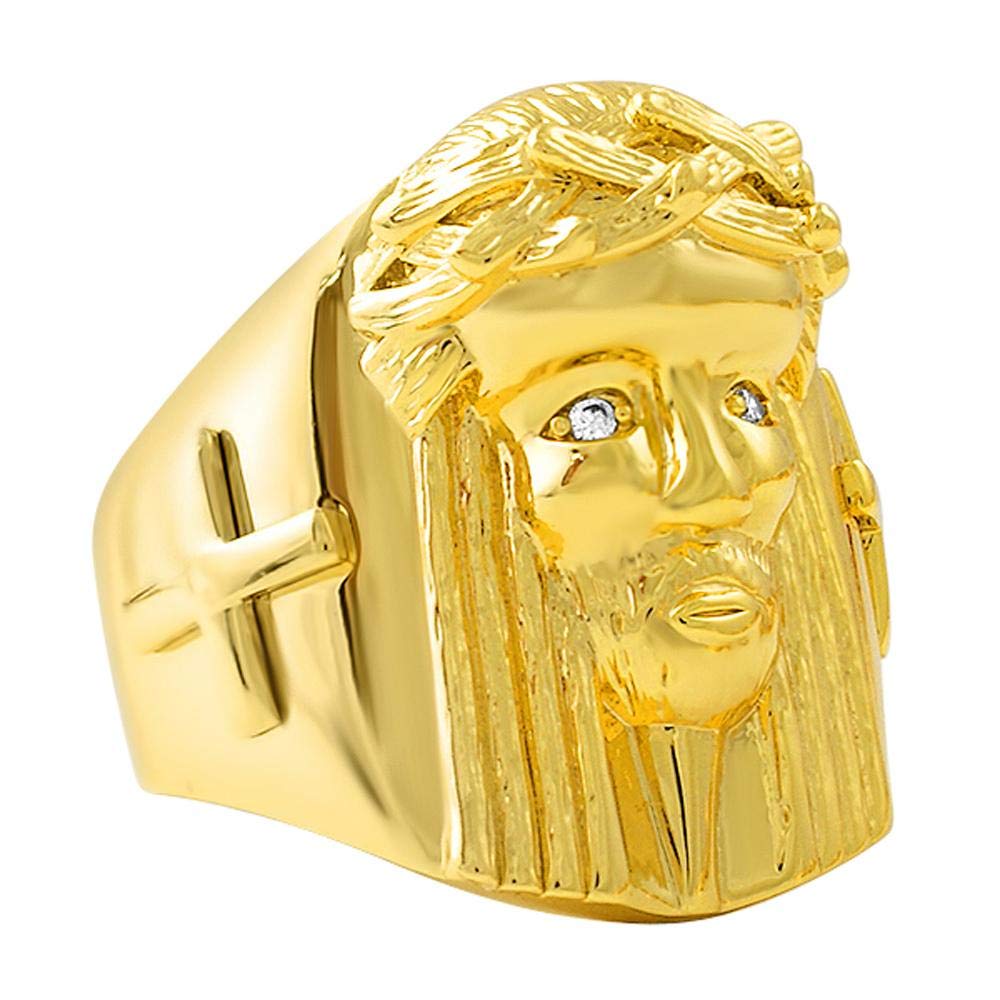 Hip Hop Bling Gold Jesus Piece Cross Ring for Men - 8mm Wide Statement Jewelry - Perfect for Rappers, Hip Hop Fashion & Streetwear Style