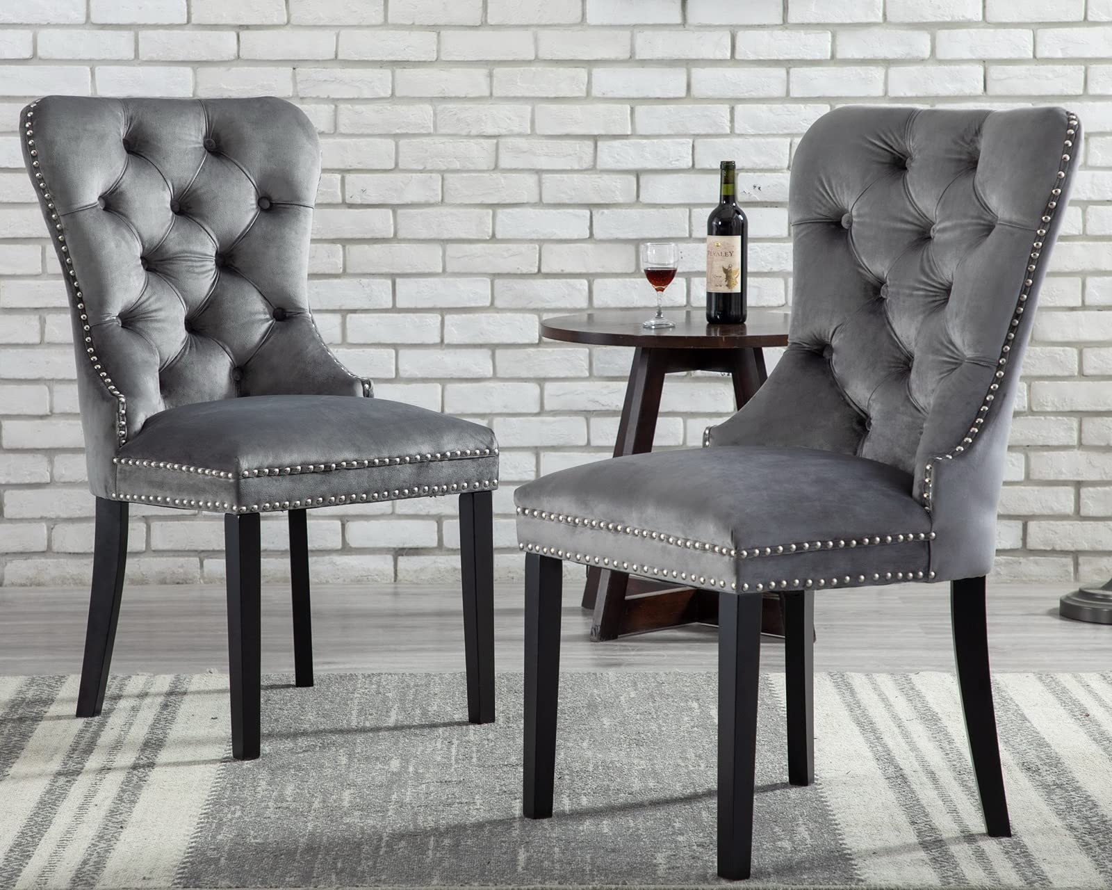 CIMOTA Set of 2 Tufted Velvet Dining Chairs with Nailhead Trim - Modern Dark Grey Armless Side Chairs with Solid Wood Frame for Kitchen, Dining Room, Bedroom - Perfect for Small Spaces, Breakfast Nooks & Home Decor (Ring Back Design)