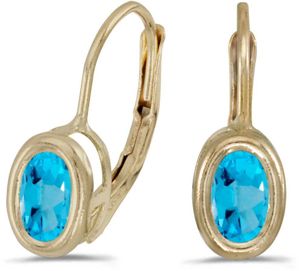 14K Yellow Gold Oval Blue Topaz Bezel Lever-Back Earrings for Women | Elegant Dangle Earrings for Party, Wedding & Everyday Wear