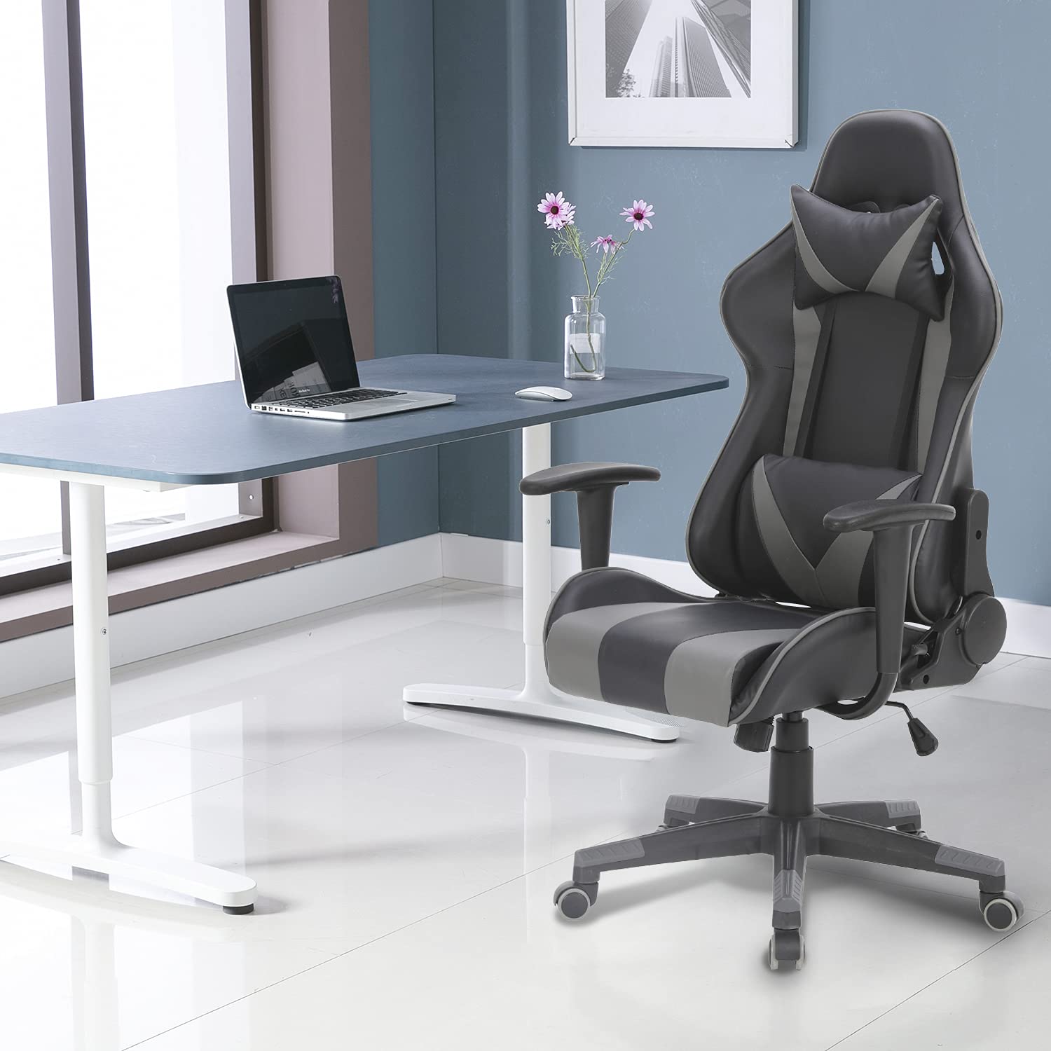 Ergonomic Gaming Chair with Massage - High Back PU Leather Computer Chair, Adjustable Height & Reclining Office Chair for PC & Console Gamers (Gray) - Perfect for Long Gaming Sessions, Home Office & Esports