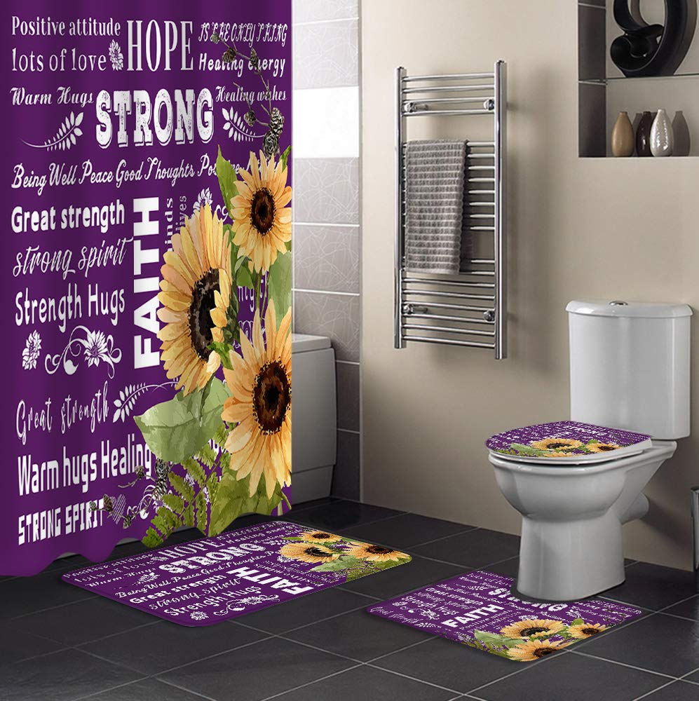 Sunflower Shower Curtain Set with Non-Slip Bathroom Rugs & Mats - 4 Piece Purple Bathroom Accessories Set Includes Waterproof Shower Curtain, Toilet Lid Cover & Bath Mat - Inspirational Quotes Decor for Tub & Shower - Perfect for Modern Bathrooms & Home Spa Retreats