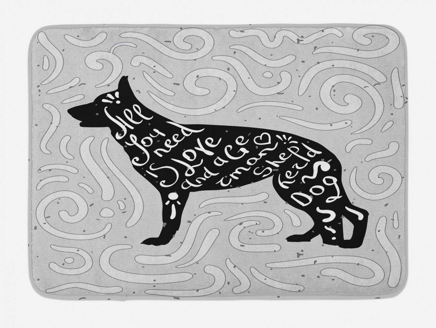 Ambesonne Non-Slip Plush Bath Mat - German Shepherd Dog Silhouette with 'All You Need is Love' Phrase, 30.2x20 Inches, Pale Grey Black White - Soft Bathroom Rug for Pet Lovers, Cozy Home Decor