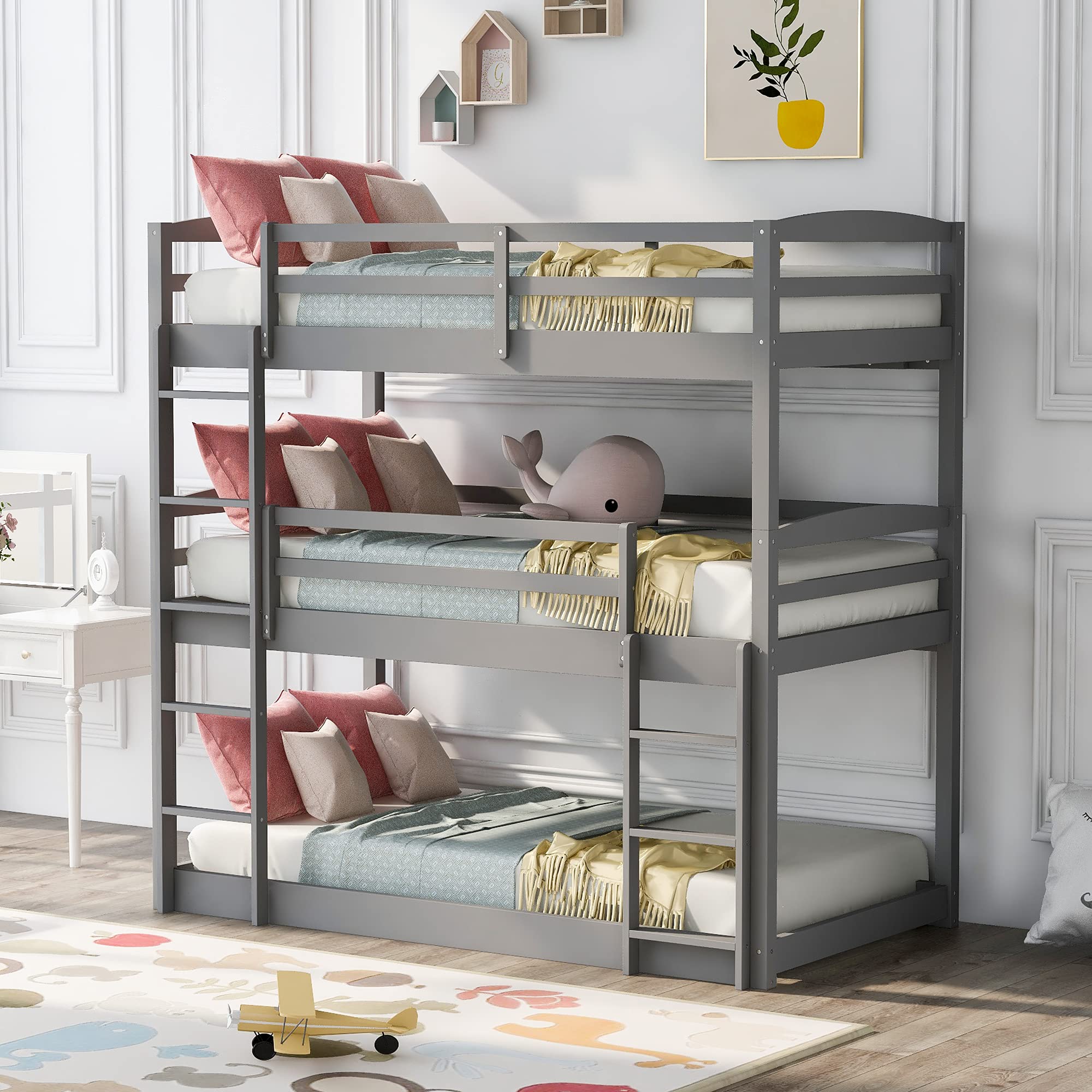 Solid Wood Triple Bunk Bed for Kids - Twin Over Twin Over Twin Bunk Bed Frame with 2 Built-in Ladders & Safety Guardrail - Converts to Twin Bunk Beds or Loft Bed - Space Saving Kids Bedroom Furniture for Small Rooms, Shared Bedrooms & Vacation Homes (Gray)