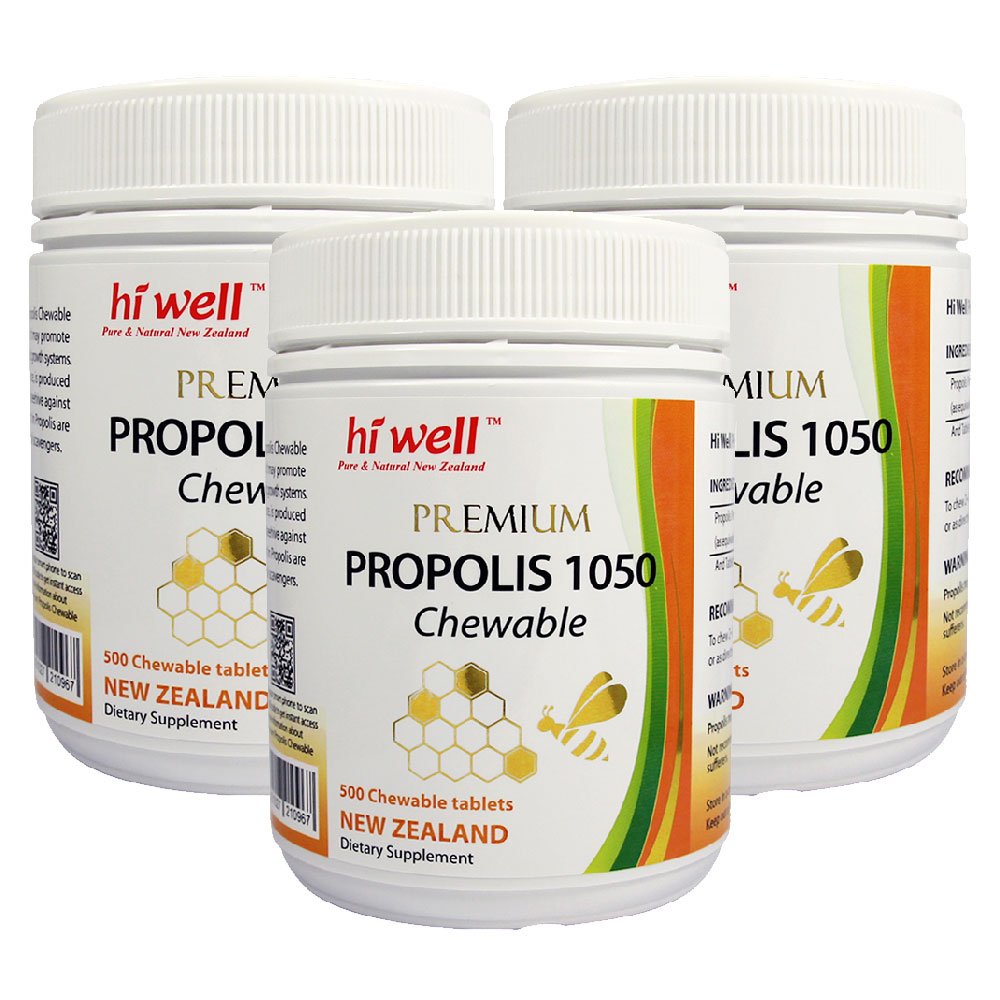Hi Well Premium Bee Propolis 1050mg - 500 Chewable Tablets for Immune Support | New Zealand Sourced with Vitamins, Minerals & Antioxidants (Pack of 3) | Daily Immune Booster for Adults & Kids, Allergy Season Defense, Year-Round Wellness Supplement