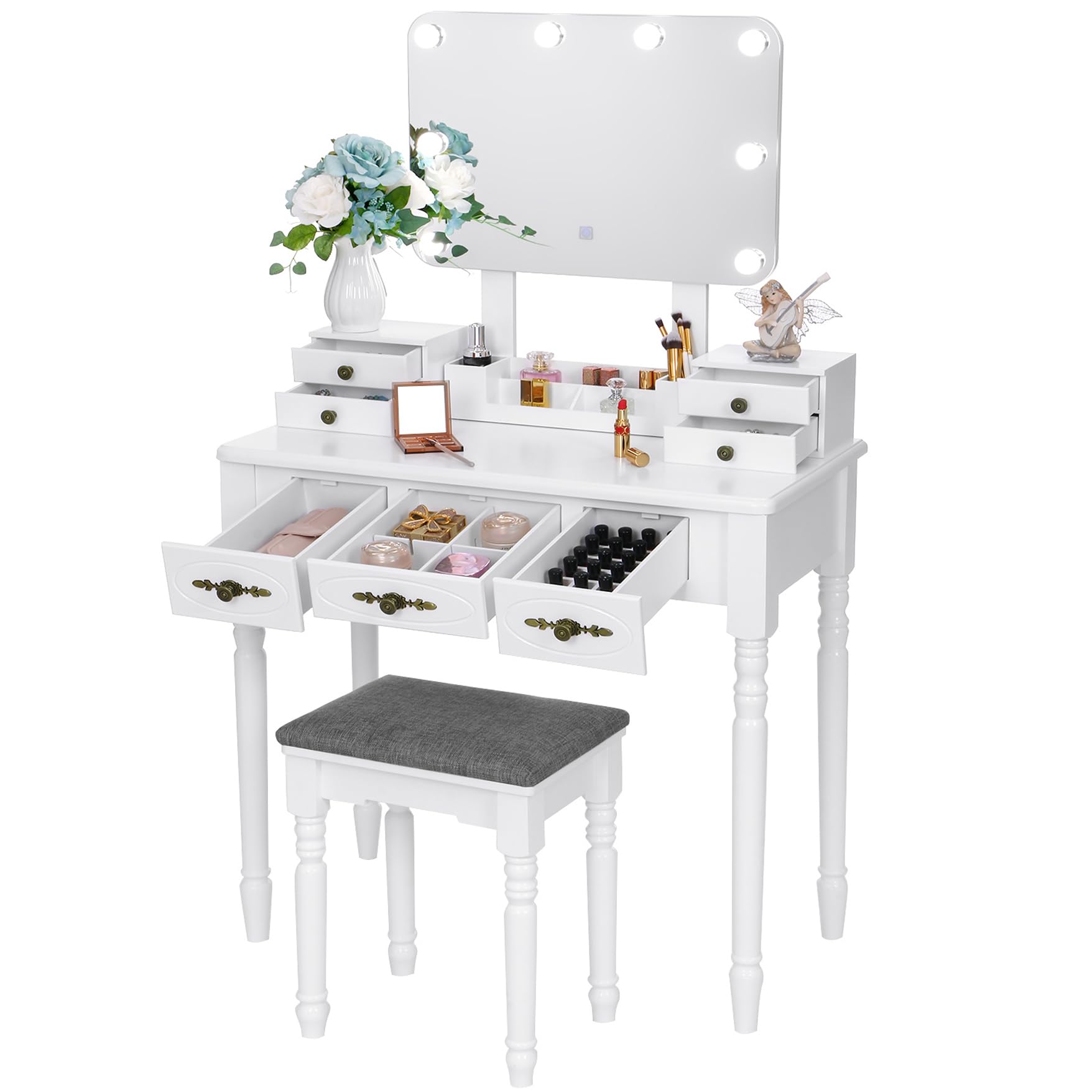 BEWISHOME White Vanity Desk with Mirror and LED Lights - Makeup Vanity Set with 8 Adjustable Bulbs, 3 Color Modes, 7 Drawers & Stool - Modern Dressing Table for Bedroom, Bathroom or Salon (Model FST13W)