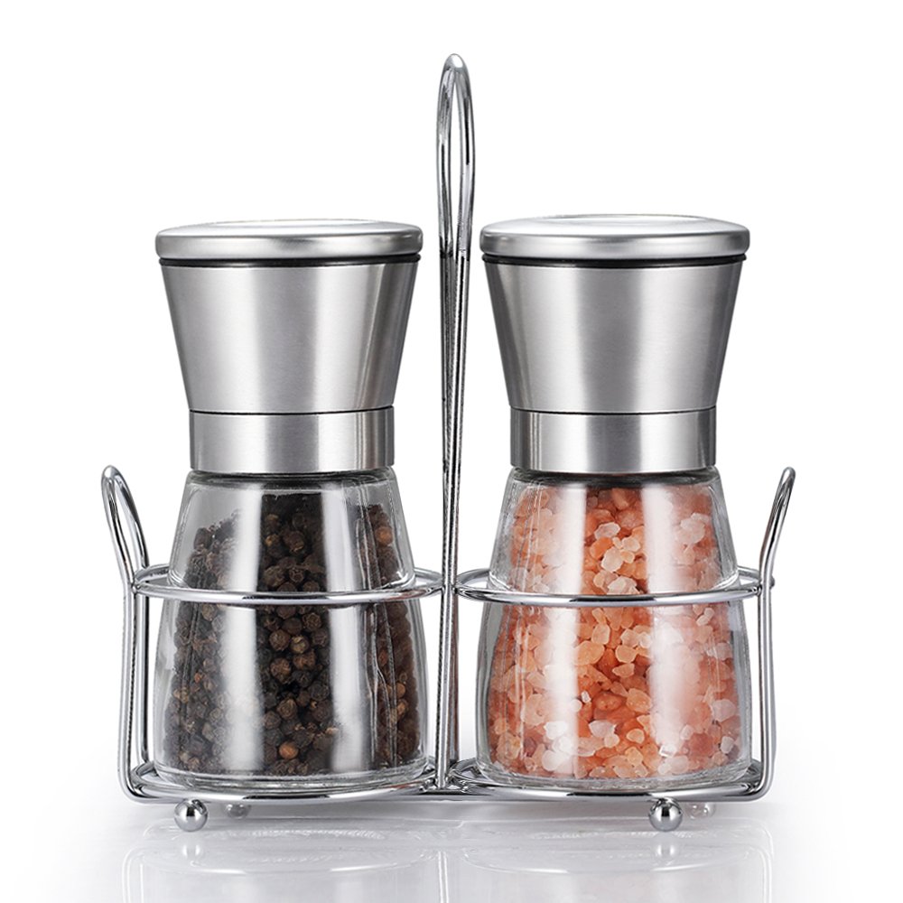 Premium TGY Salt and Pepper Grinder Set - Adjustable Coarseness, Glass Mill with Stand - Perfect for Kitchen, Dining Table & Gift Giving