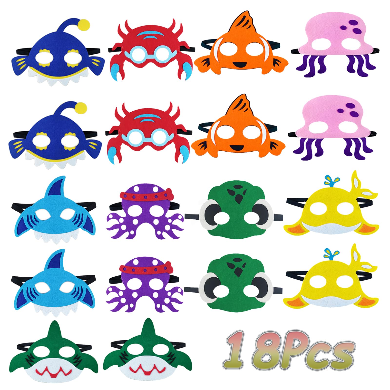 18 Pack Ocean Animal Felt Masks for Kids - Under the Sea Party Favors, Birthday Party Supplies & Gifts for Boys and Girls - Perfect for Costume Parties, Dress-Up Play and Themed Birthday Celebrations