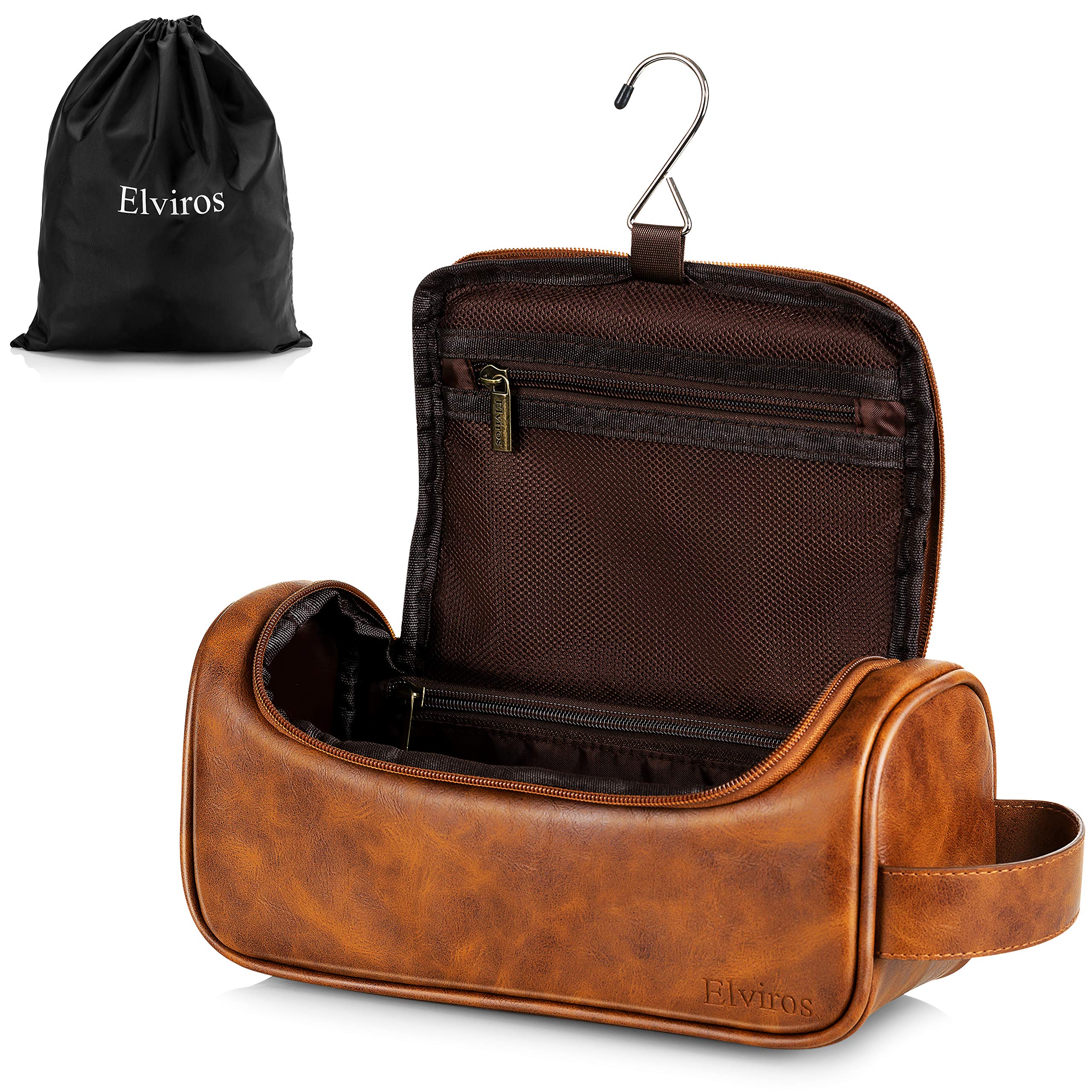 Elviros Leather Toiletry Bag for Men & Women - Large Waterproof Travel Organizer with Hanging Hook - Ideal for Bathroom, Shaving, Gym & Business Trips (Brown, Small)