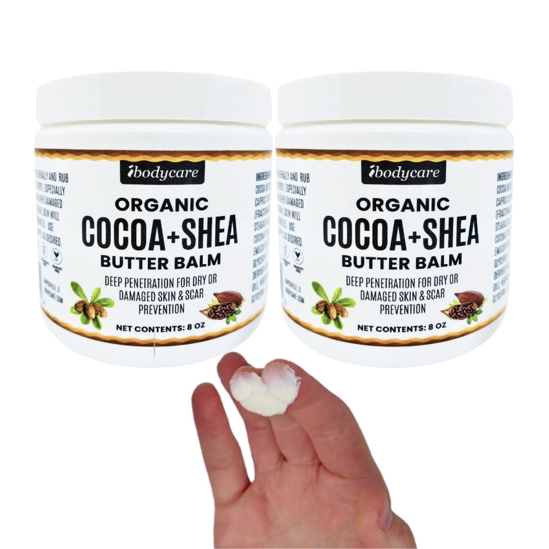 Organic Raw Cocoa Butter & Shea Butter Body Balm with Coconut Oil - 8 oz Unrefined Natural Moisturizer for Dry Skin - Women, Men, Baby & Kids - All Body Use - Perfect for Massage, Stretch Marks & Daily Hydration (Pack of 2)