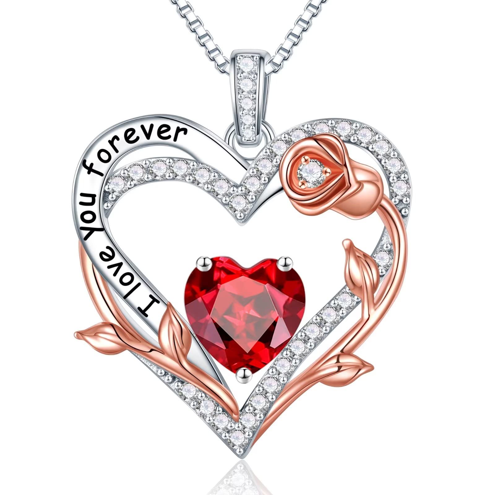 Sterling Silver Rose Heart Birthstone Necklace for Women - Elegant Valentine's Day, Anniversary & Birthday Gift for Wife, Girlfriend or Loved Ones | Perfect for Romantic Occasions, Christmas Presents & Special Celebrations