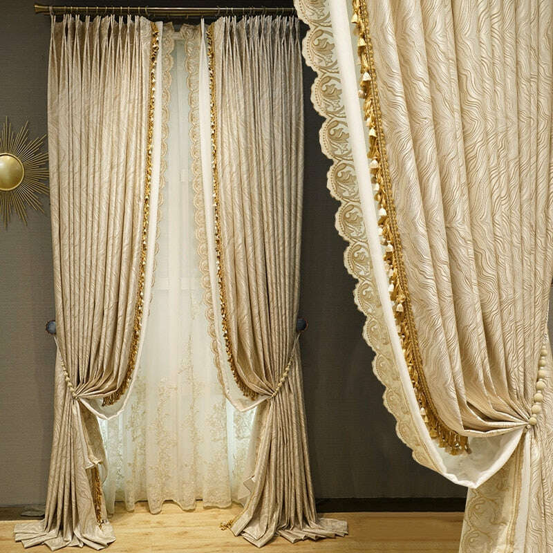 Luxury Mila French Jacquard Curtains - Elegant Beige Window Drapes for Living Room & Bedroom Decor