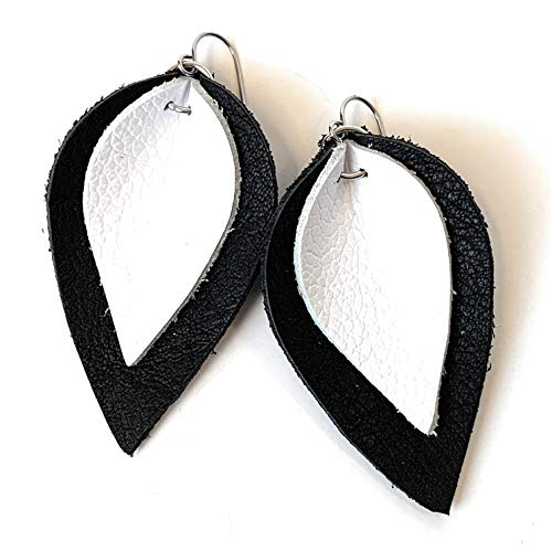 Layered Leather Leaf Earrings for Women - White on Black Dangle Earrings | Boho Chic Jewelry for Everyday Wear, Parties & Special Occasions