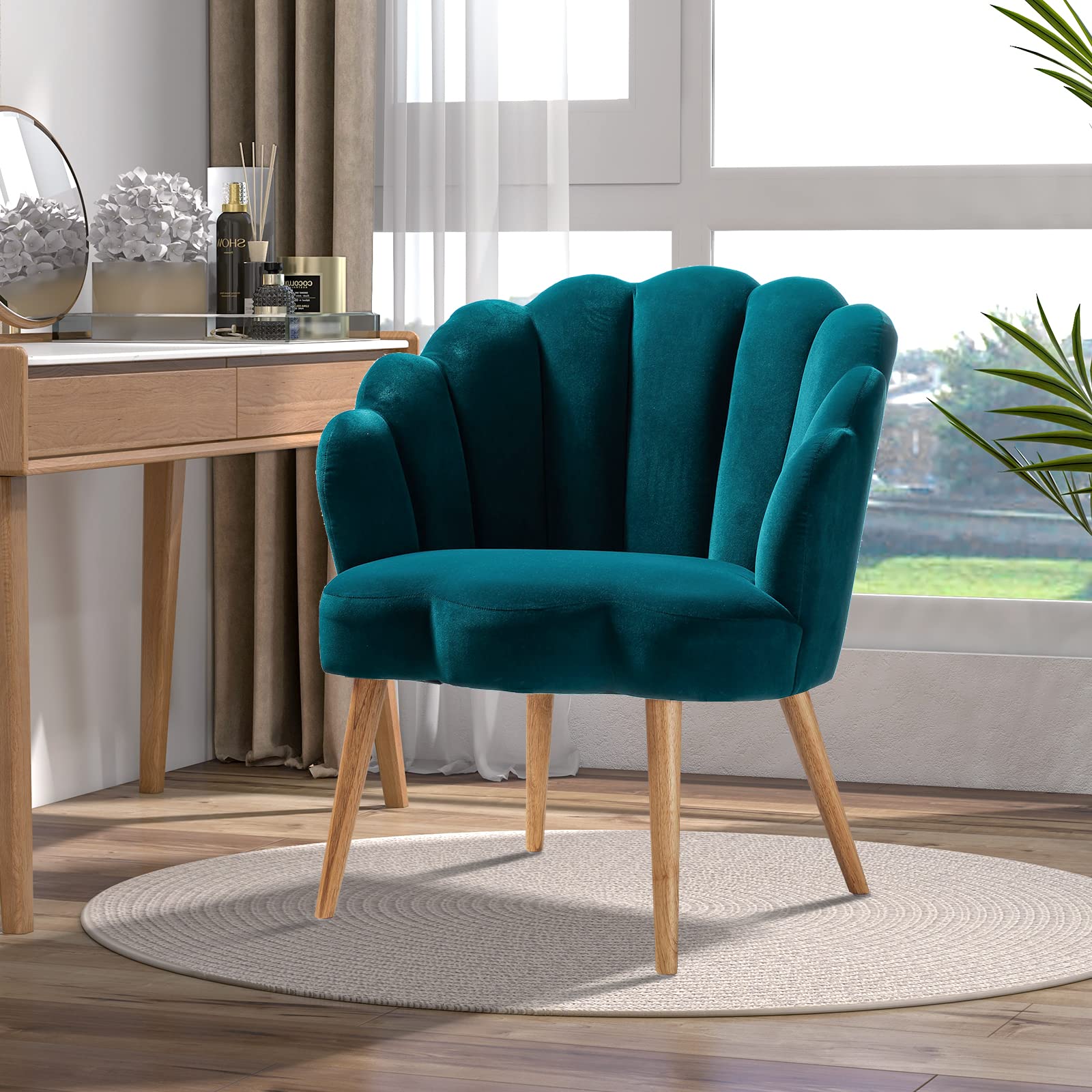 Velvet Upholstered Accent Chair with Scalloped Back & Gold Legs - Modern Tufted Armchair for Living Room, Bedroom or Vanity - Comfy Seating for Makeup, Dressing Room & Guest Use (Teal Blue)