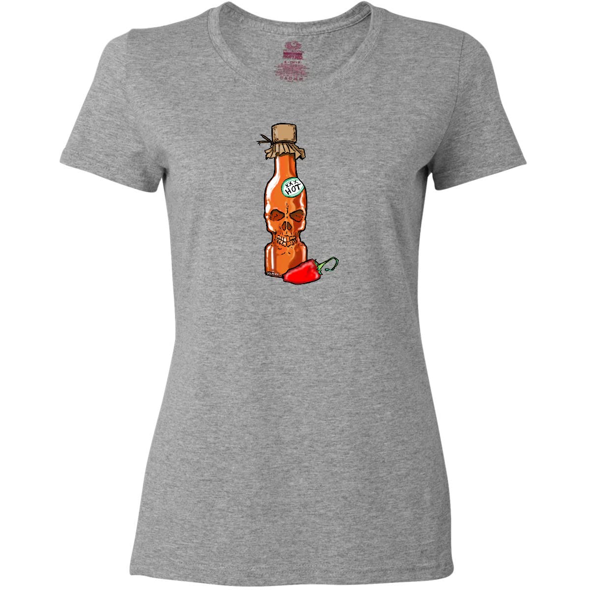 Inktastic Hot Sauce Skull Bottle with Pepper Graphic Women's T-Shirt | Funny Spicy Food Lover Tee for Casual Wear & Gifts