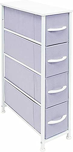 Narrow Dresser Tower with 4 Fabric Bin Drawers - Vertical Storage Organizer for Bedroom & Closet - Purple Cabinet Furniture (Model 3955770) | Perfect for Small Spaces, Kids Room & Apartment Organization