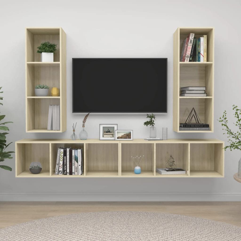 Modern Floating TV Stand Wall Mounted Entertainment Center - 4 Piece Wooden Media Console & Wall Shelf Set with Hanging Desk - Perfect for Living Room, Bedroom & Home Theater - Brown