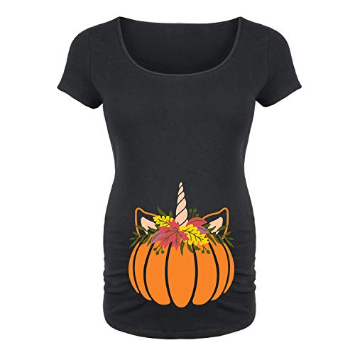 Bloom Maternity Pumpkin Unicorn Maternity Scoop Neck T-Shirt - Soft Cotton Pregnancy Tee for Women - Perfect for Baby Showers & Maternity Photos