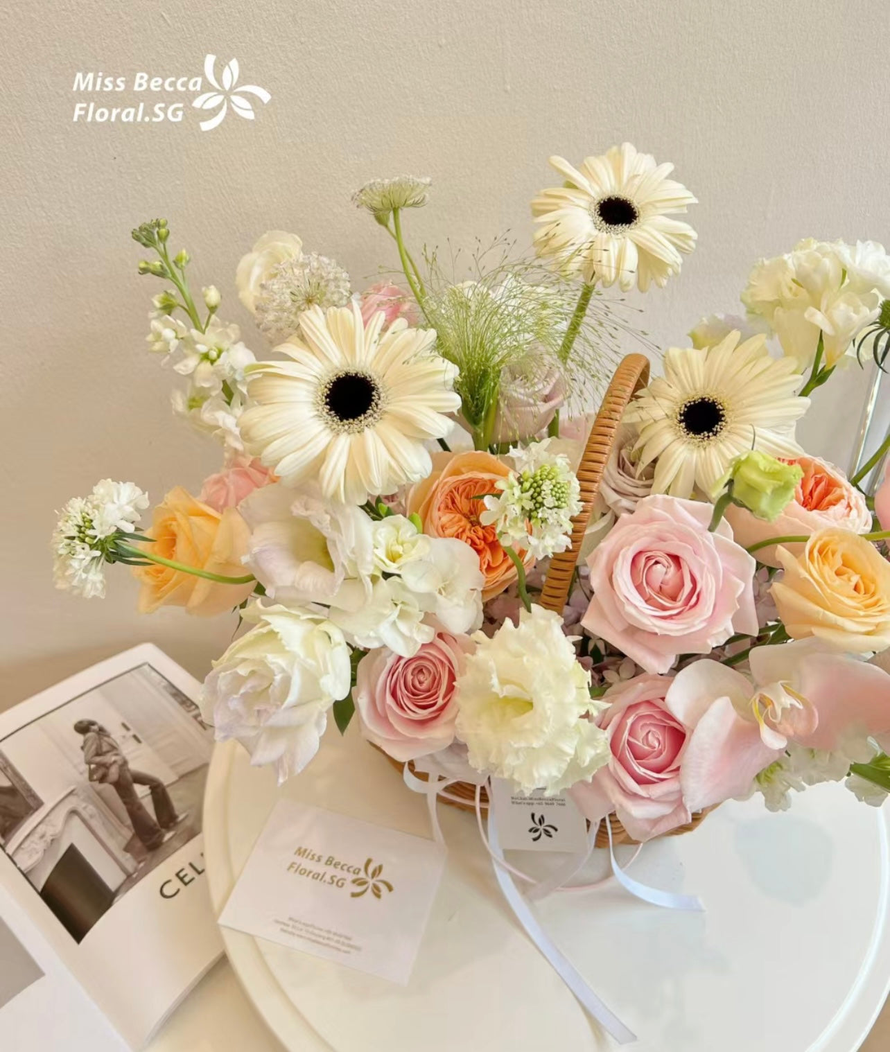 Korean Style Flower Basket with Fresh Roses - Elegant Table Centerpiece for Weddings, Home Decor & Gifts