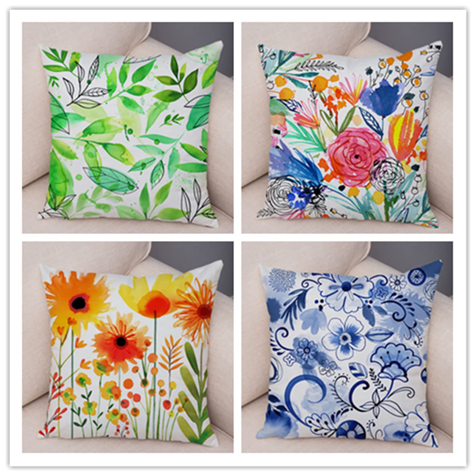 4-Pack 14x14 Inch Waterproof Outdoor Flower Pillow Covers - Double Sided Square Linen Throw Pillows for Couch, Sofa, Bedroom & Living Room Decor - Perfect for Patio, Garden, and Indoor Home Decoration