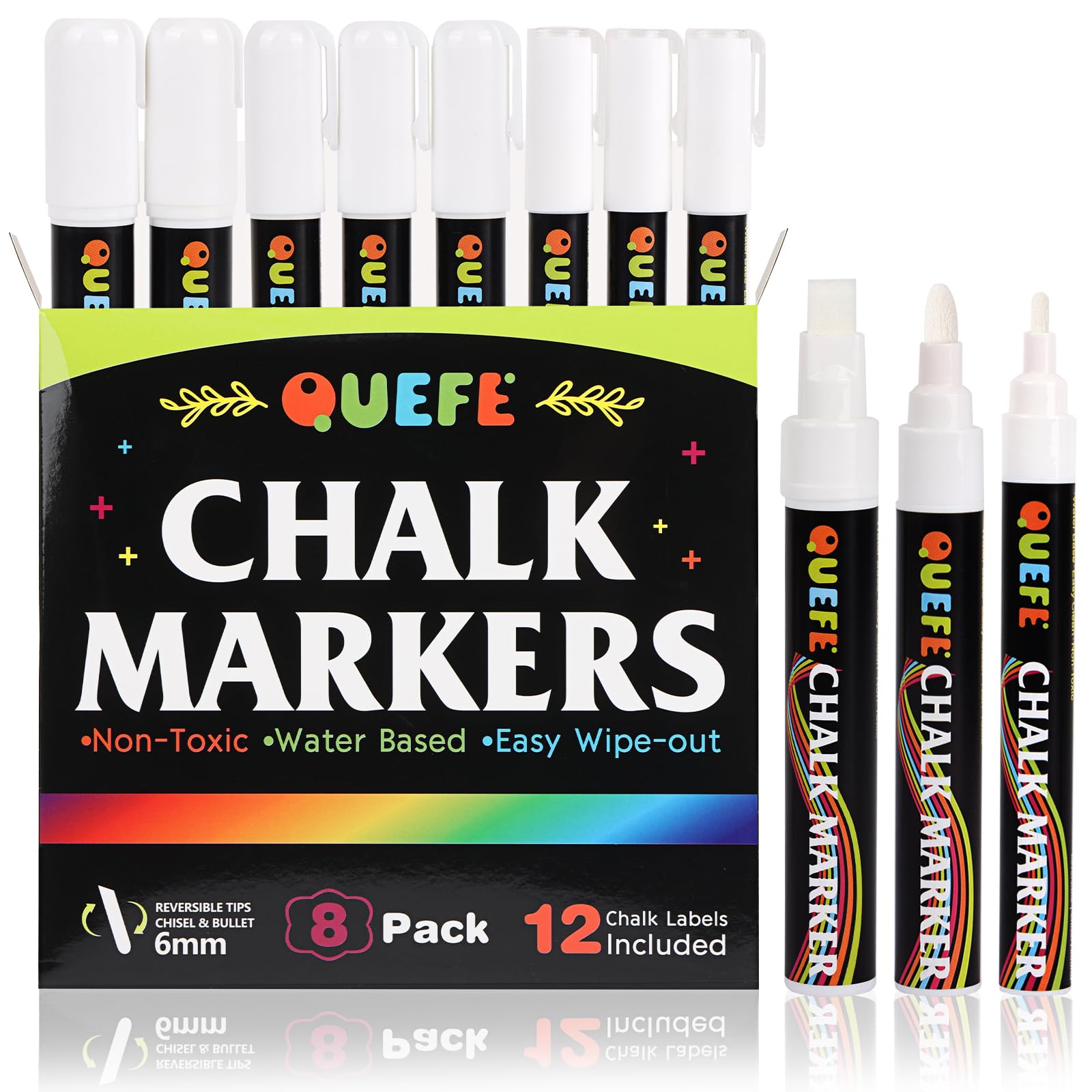 QUEFE 8 Pack Chalk Markers Set - 3mm, 6mm, 10mm Reversible Tip Liquid Chalk Pens for Blackboard, Glass & Mirrors | Dry Erase Markers for Windows, Restaurants, Classrooms & DIY Crafts