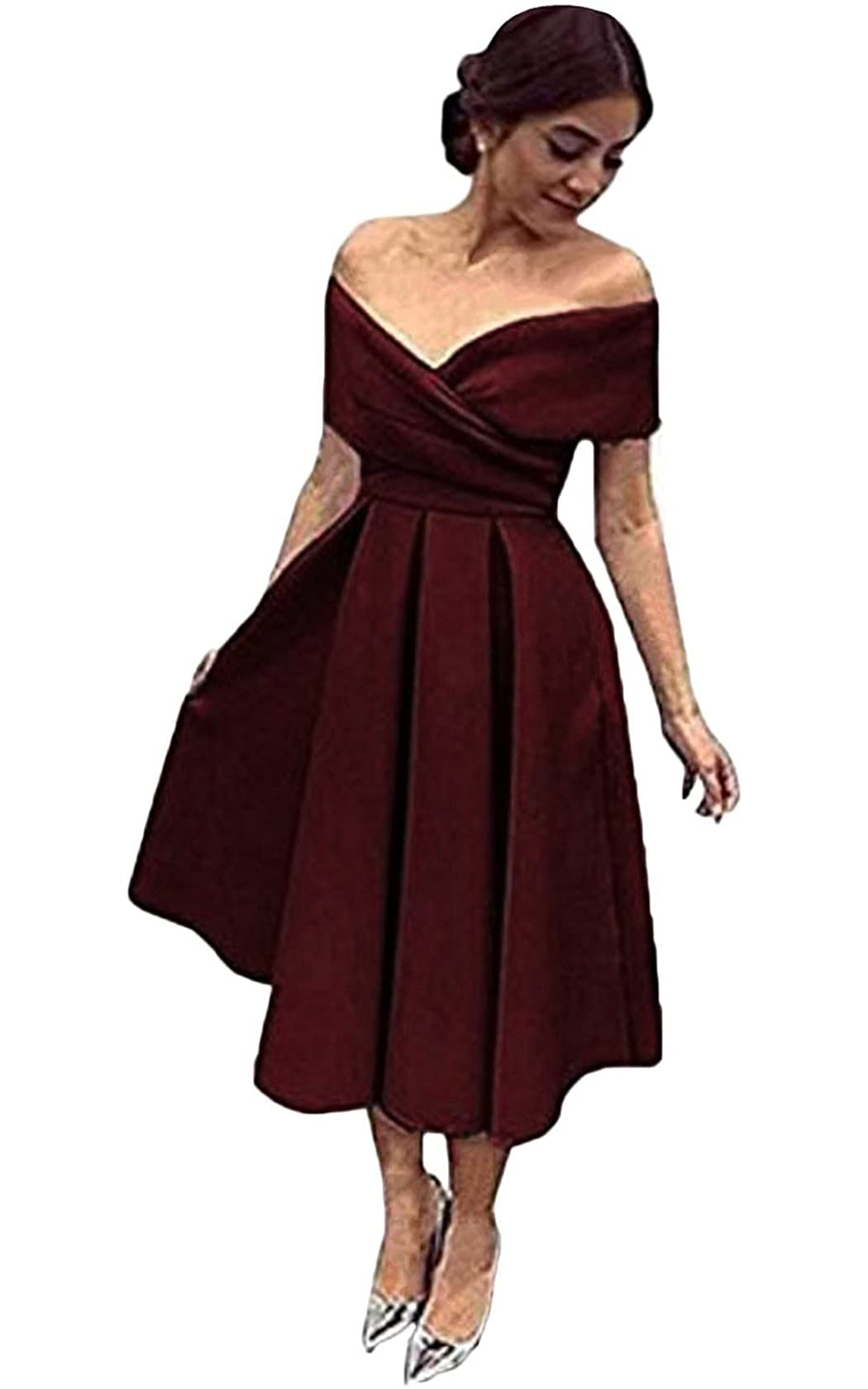 ANGELWARDROBE Women's Off Shoulder V-Neck Satin Bridesmaid Dress for Wedding, Prom, Cocktail Party with Pockets - Elegant Formal Gown for Special Occasions