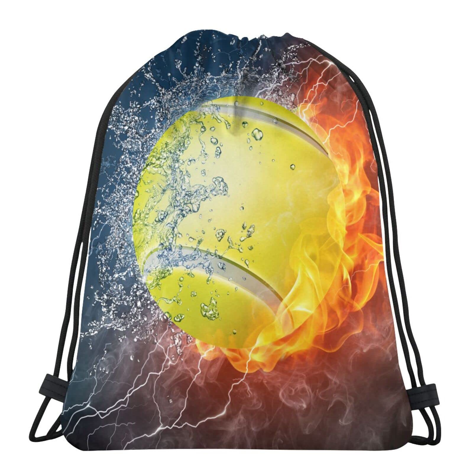 Sports Ball Drawstring Backpack - Waterproof Tennis Gym Bag with Flame & Lightning Design - Casual Cinch Sack for Men, Women, Boys & Girls - Perfect for Yoga, Travel, Shopping & Team Activities
