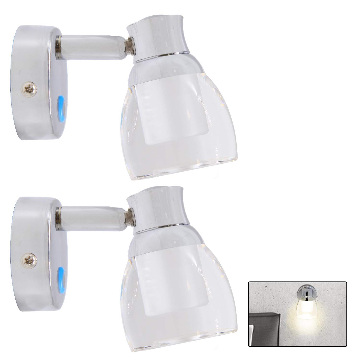 Facon 2-Pack 12V DC LED RV Wall Sconce Light - Touch Switch with Blue Indicator, Warm White 3500K Glass Shade - Perfect for RV, Motorhome, Camper, Trailer & Boat Interior Lighting - Bedside Reading Lamp & Night Light for Cozy Ambience