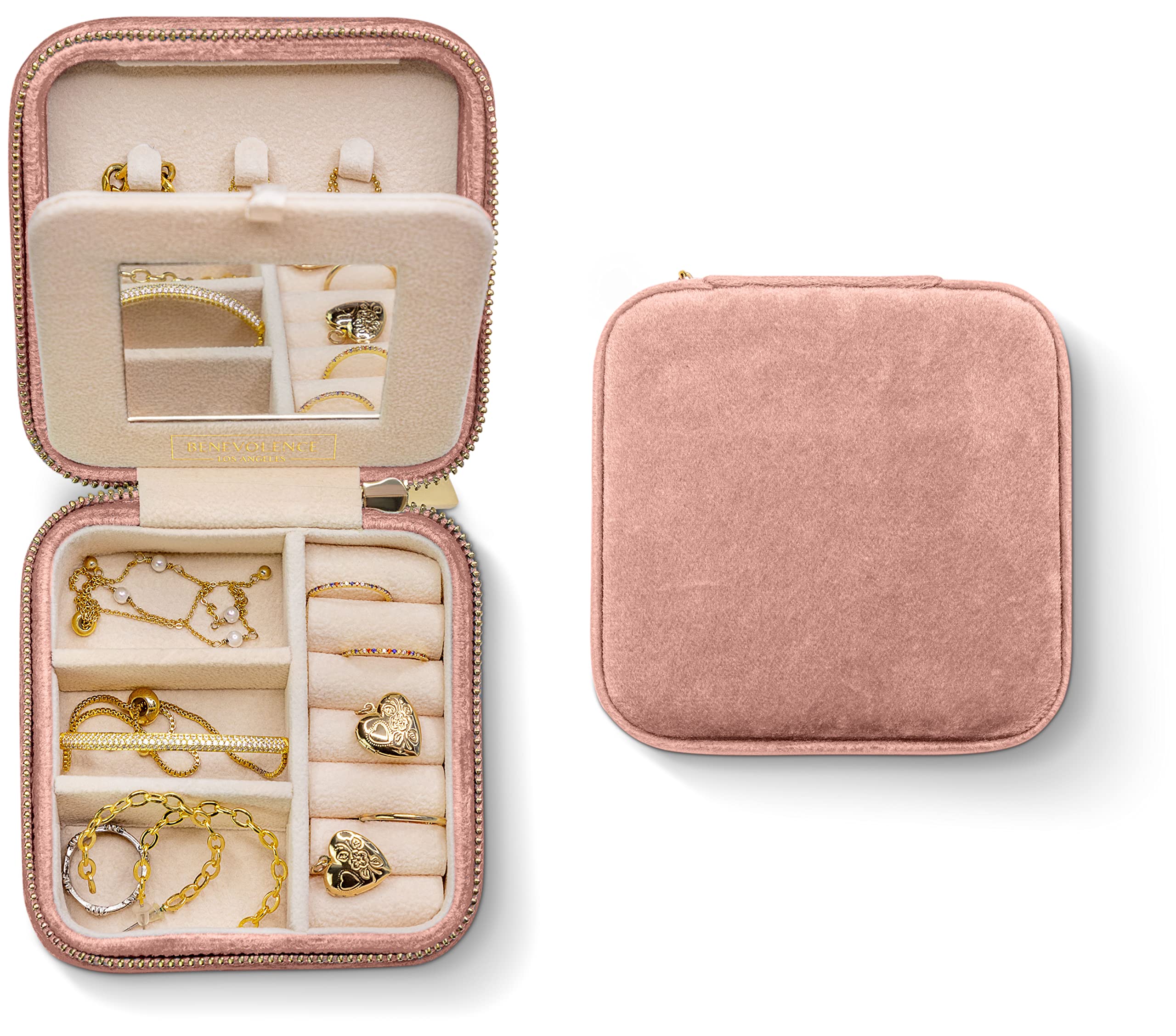 Luxury Plush Velvet Jewelry Box Organizer for Women - Travel Jewelry Case with Mirror, Earring & Ring Storage - Dusty Pink | Perfect for Vacation, Business Trips & Daily Use