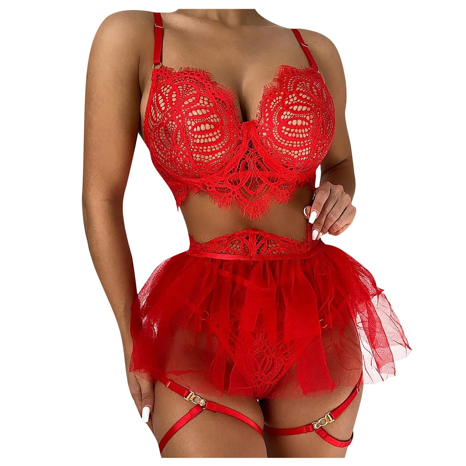 Plus Size Lingerie for Women - 3 Piece Lace Bra & Panty Set with Skirt | Comfortable Sexy Underwear for Curvy Women | Perfect for Date Night, Bridal Shower & Special Occasions