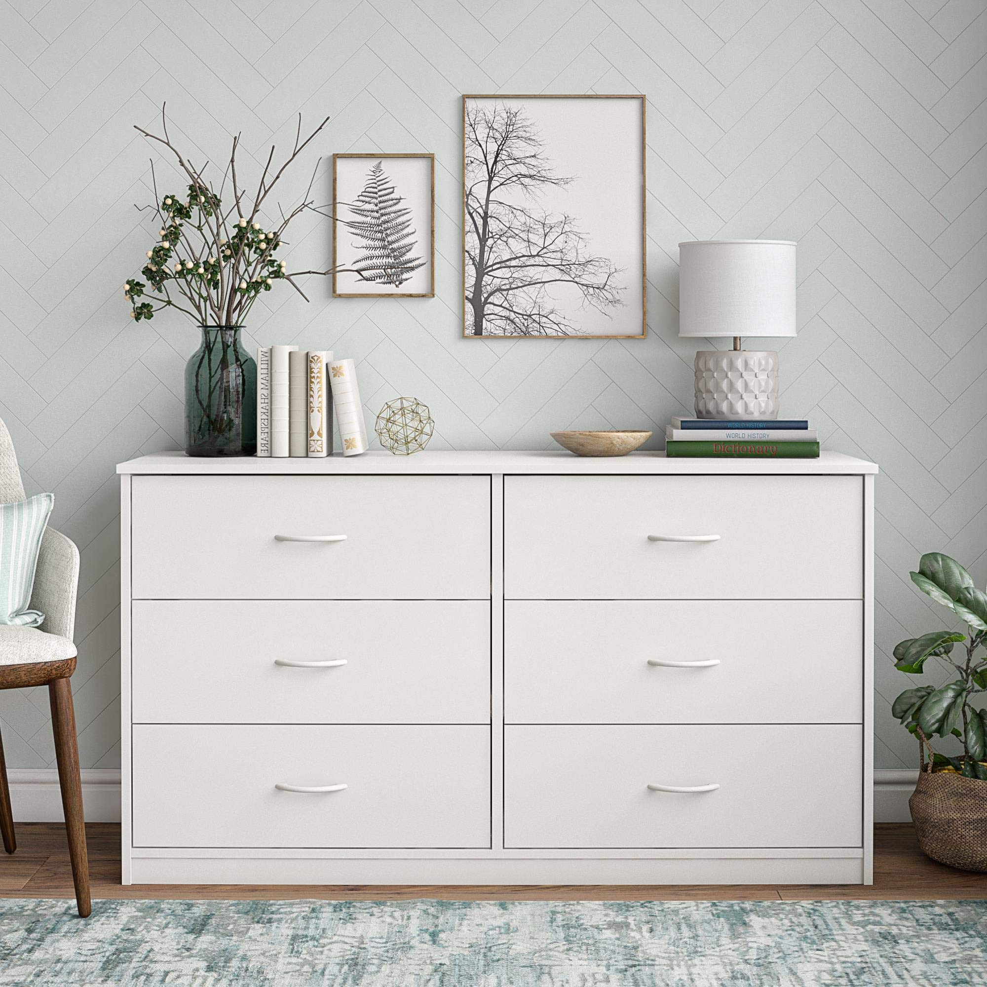 Mainstay Classic 6 Drawer Dresser - White Finish Wooden Chest of Drawers for Bedroom, Nursery & Closet Storage Organization