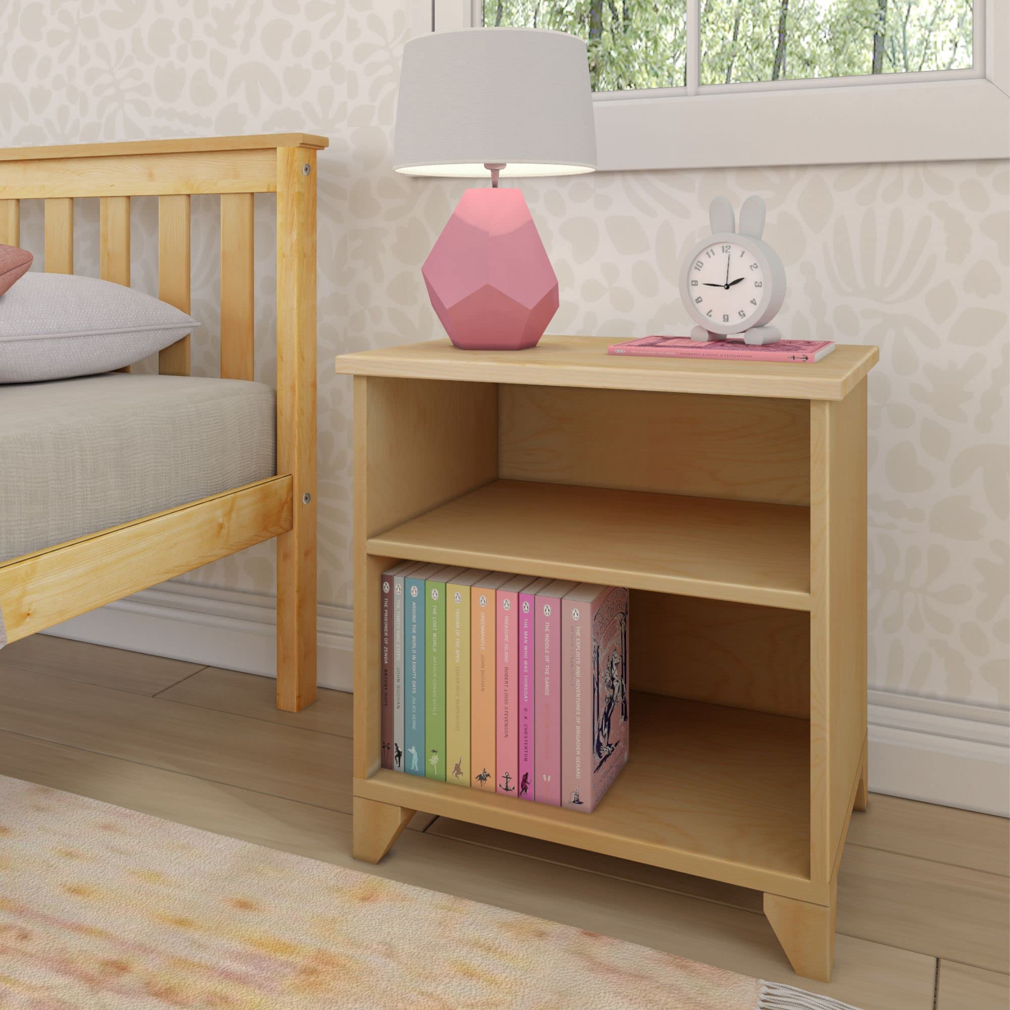 Max & Lily Classic Wood Nightstand with Shelves - Kids Bedside Table, Small End Table for Bedroom in Natural Finish - Perfect for Nursery, Kids Room or Guest Room Storage Solution