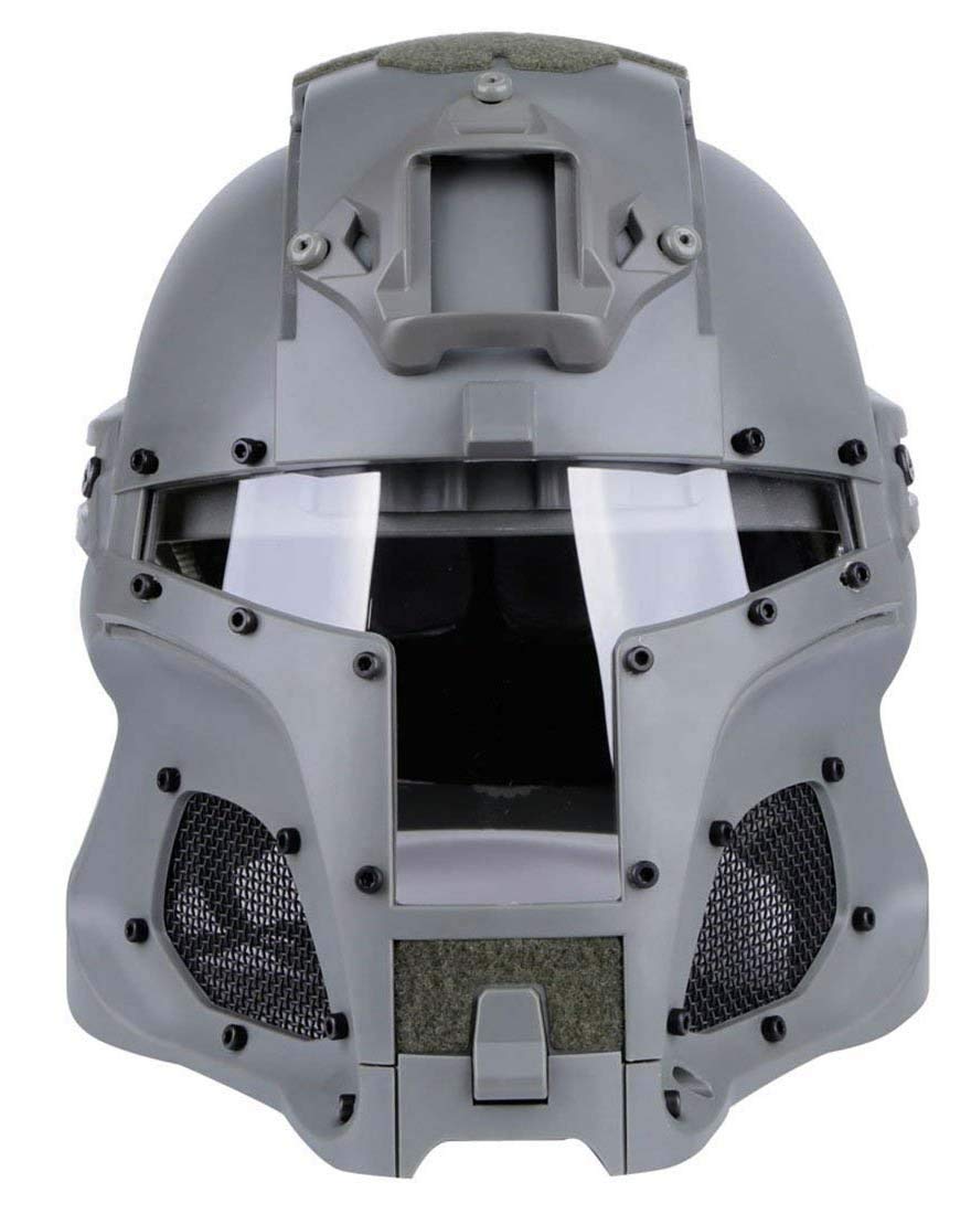 Tactical Airsoft Helmet - Mandalorian Style Full Face Mask with Interchangeable Lenses | Star Wars Cosplay, Boba Fett Inspired | Perfect for Airsoft Games, Military Simulation & Halloween Costumes (Gray)
