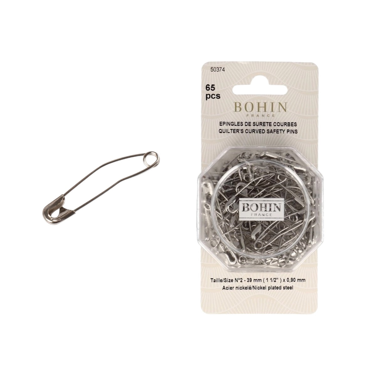 Bohin 39mm Curved Safety Pins - Pack of 65 for Sewing, Quilting, Fabric Crafts & DIY Projects