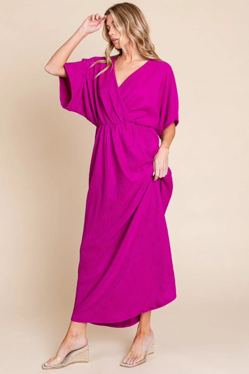 BOMBOM Women's Surplice Maxi Dress with Pockets - Elegant Flowy Beach Dress for Summer Vacations, Weddings & Date Nights