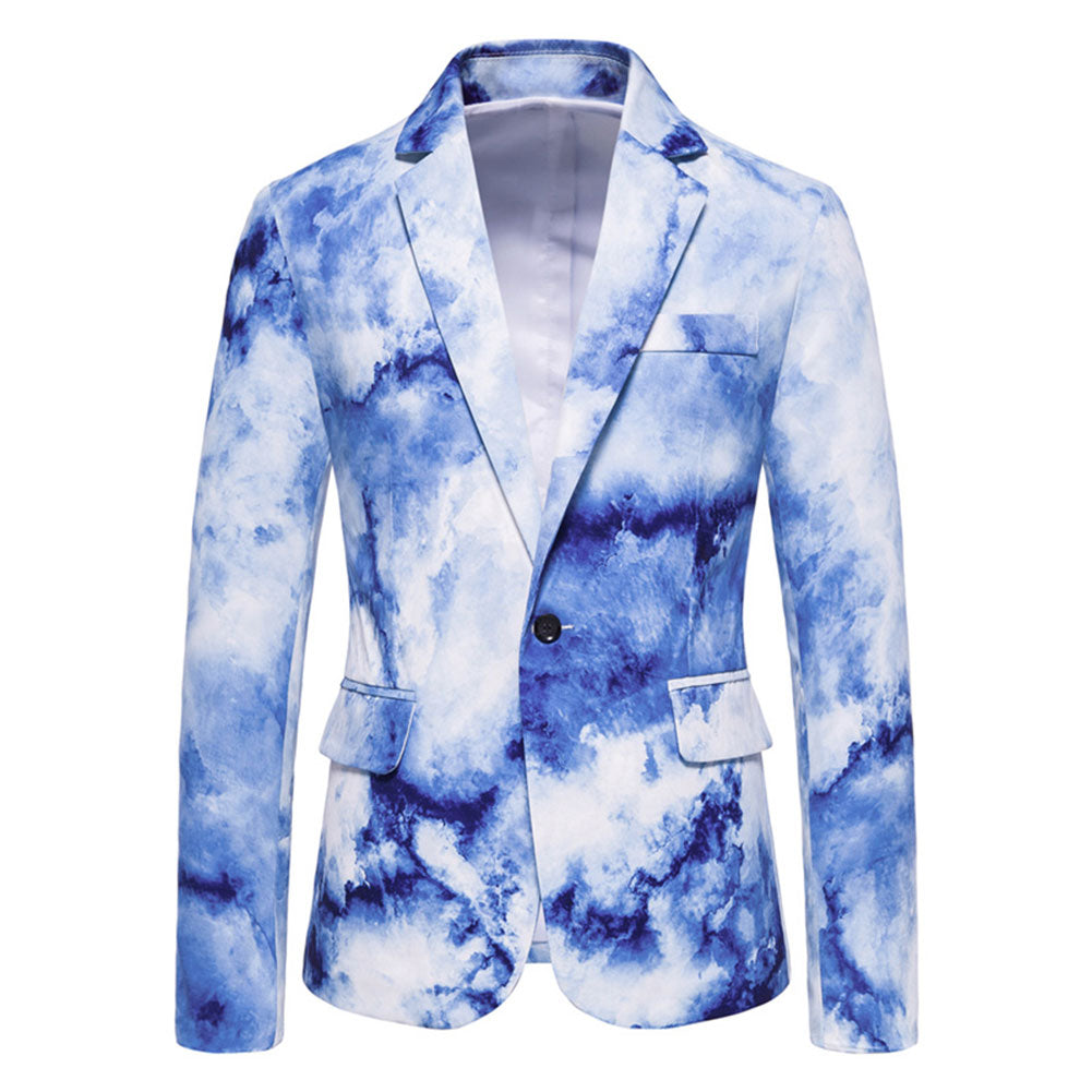 Stylish Men's Printed Lapel Collar Single Button Blazer Jacket in Blue - Perfect for Business Casual, Weddings & Formal Events