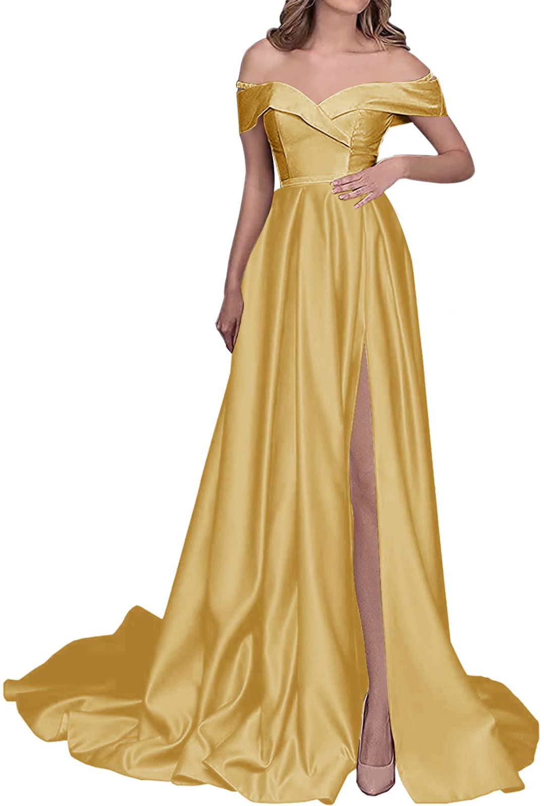Elegant Off-the-Shoulder Satin Prom Dress with High Slit - Long Formal Evening Gown for Homecoming, Wedding, and Special Occasions