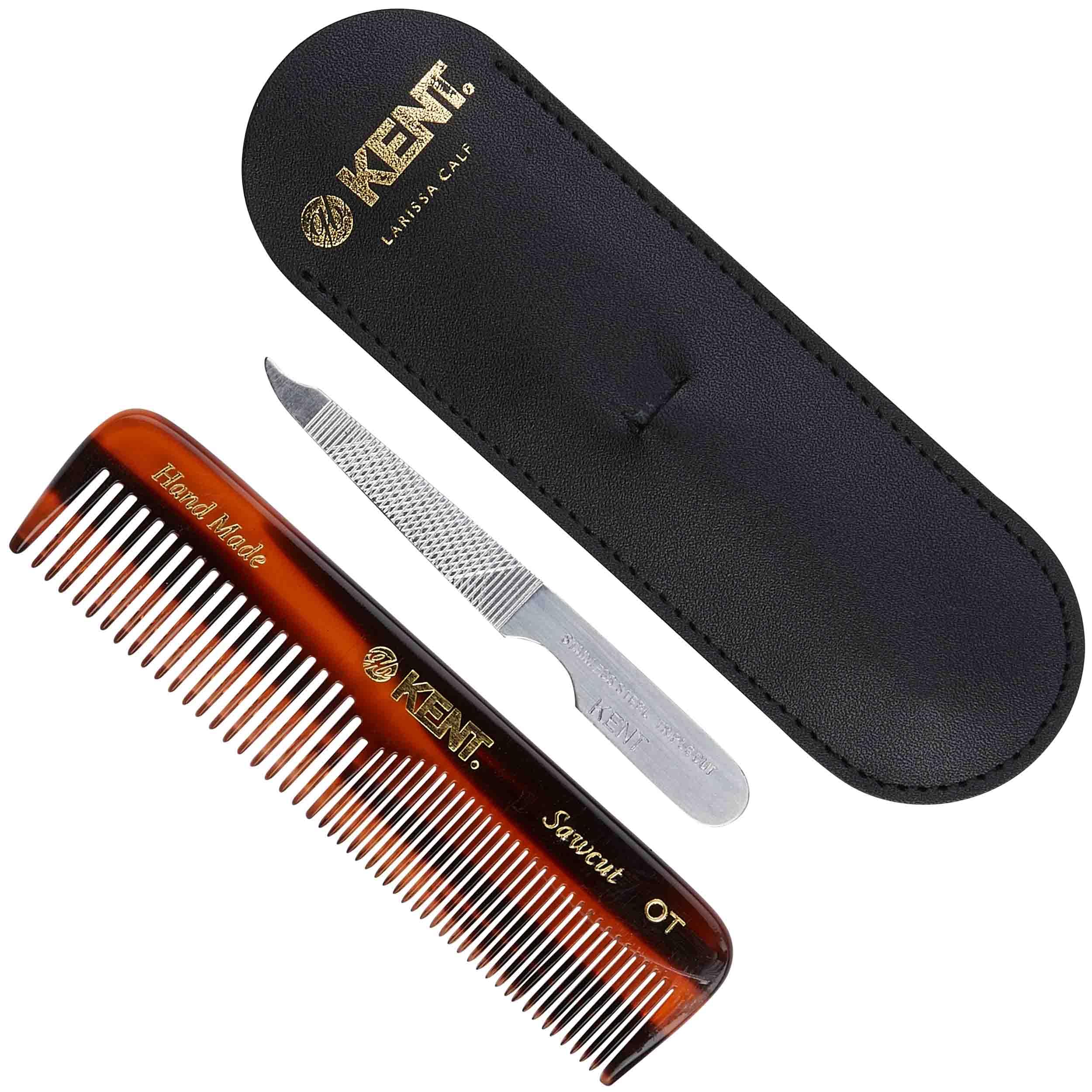 Kent NU19 Premium Hair & Beard Care Gift Set - Handmade in England | Includes OT Fine Tooth & Wide Tooth Combs for Men, Women & Kids | Travel-Friendly Leather Pouch & Stainless Steel Nail File | Perfect for Grooming, Travel & Daily Use
