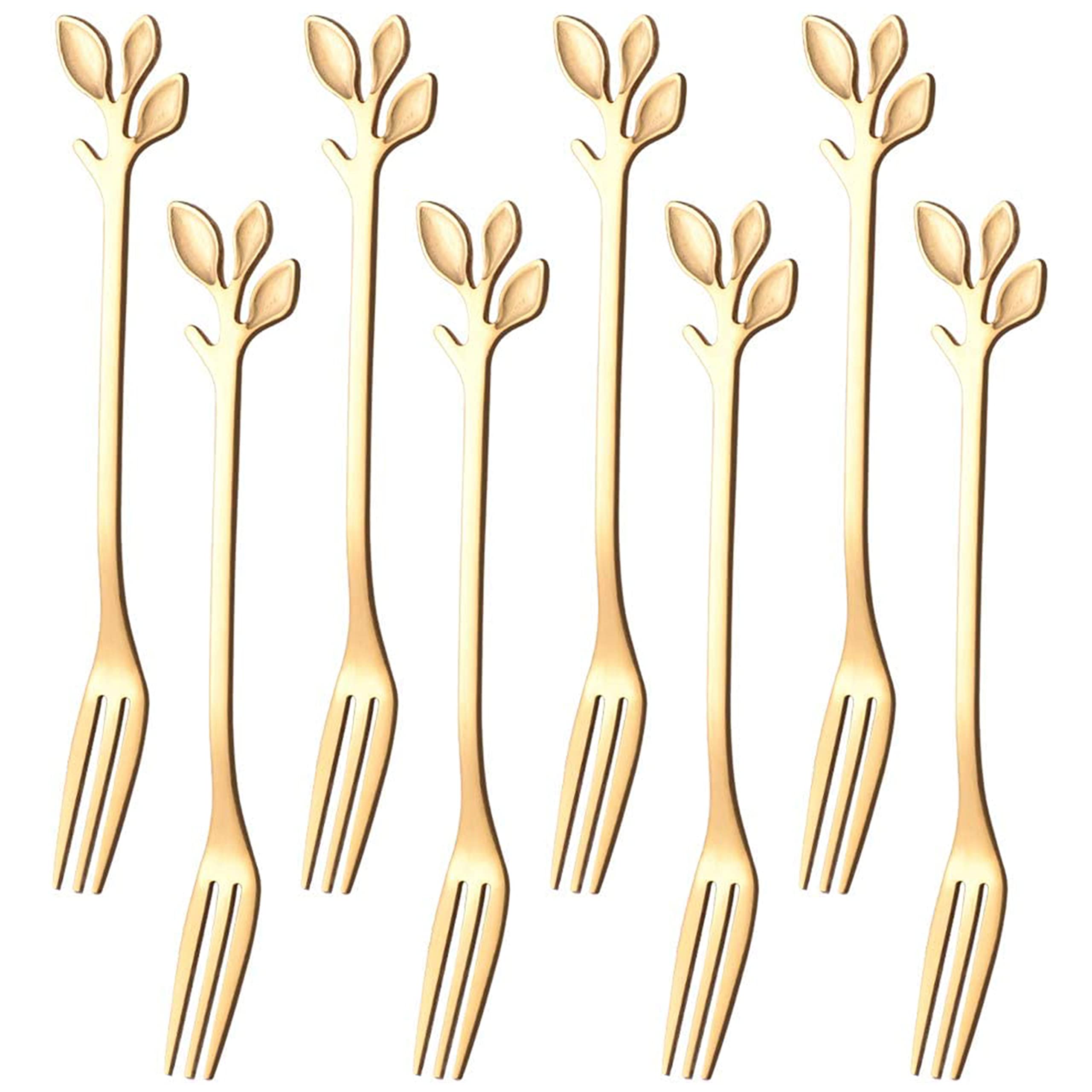 8-Piece Gold Leaf Appetizer Forks Set - 4.7 Inch Elegant Cocktail & Dessert Forks for Wedding, Party, and Home Entertaining - Perfect for Cakes, Fruits, and Hors d'oeuvres