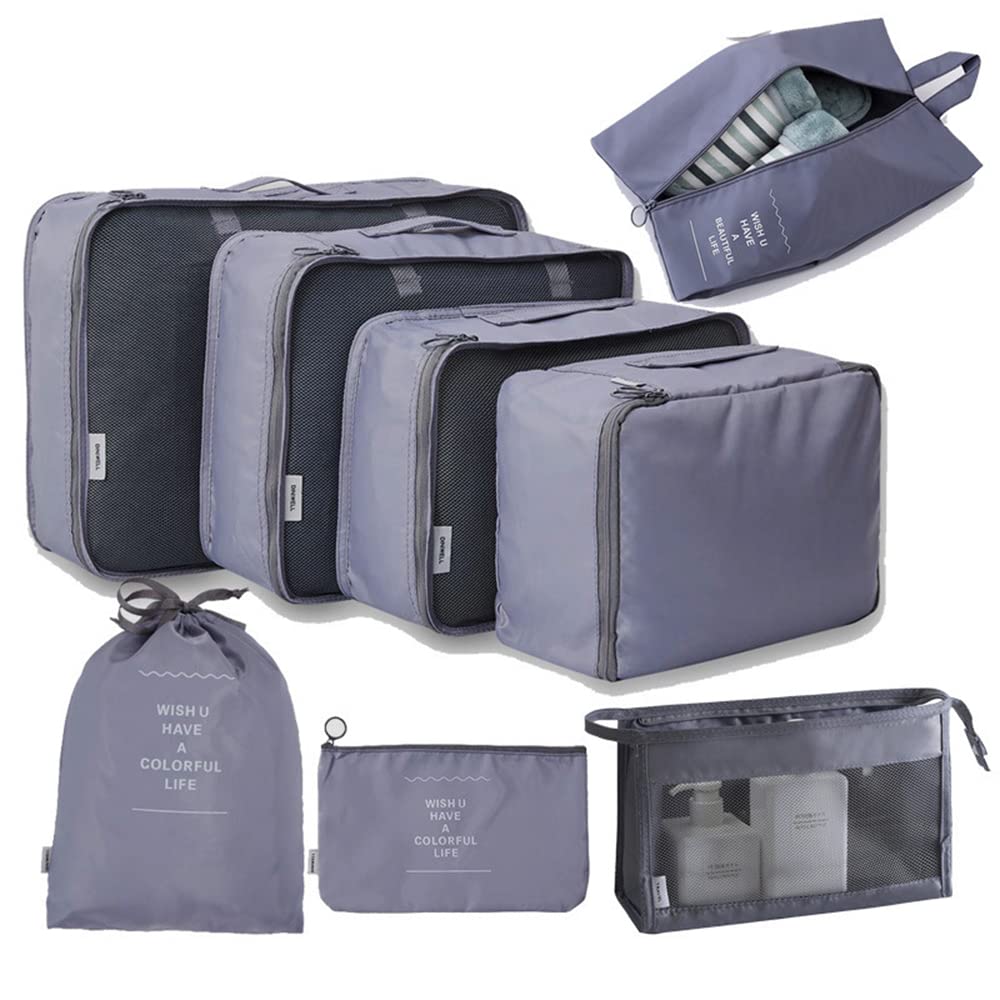 8-Piece Travel Packing Cubes Set - Foldable & Lightweight Luggage Storage Organizers for Suitcases (Grey) | Perfect for Business Trips, Vacations & Backpacking